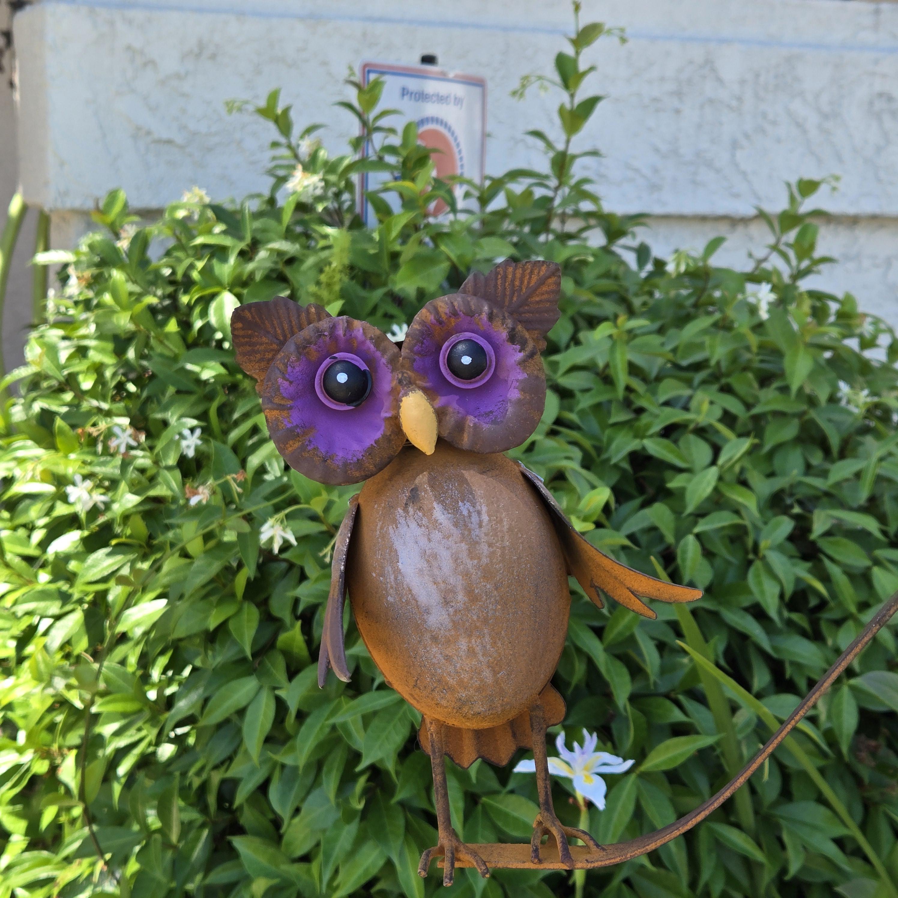 Rustic Metal Owl Wind Spinner: Double Owls Balancing Rocker Yard Stake Garden Art