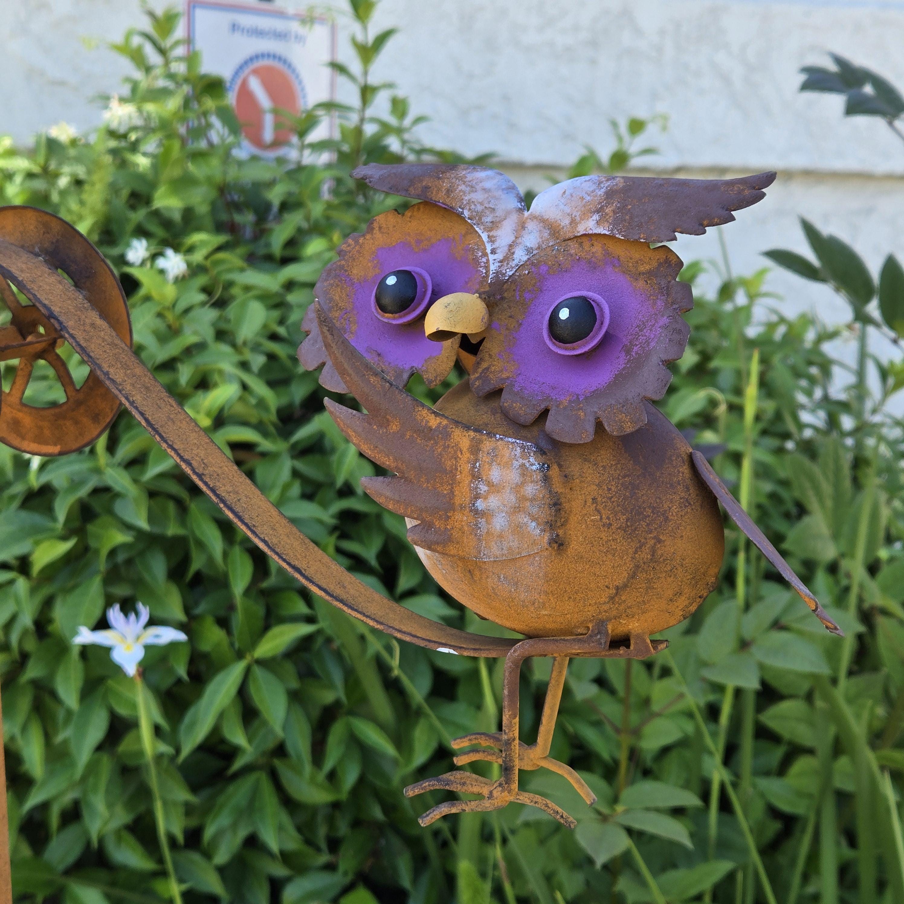 Rustic Metal Owl Wind Spinner: Double Owls Balancing Rocker Yard Stake Garden Art