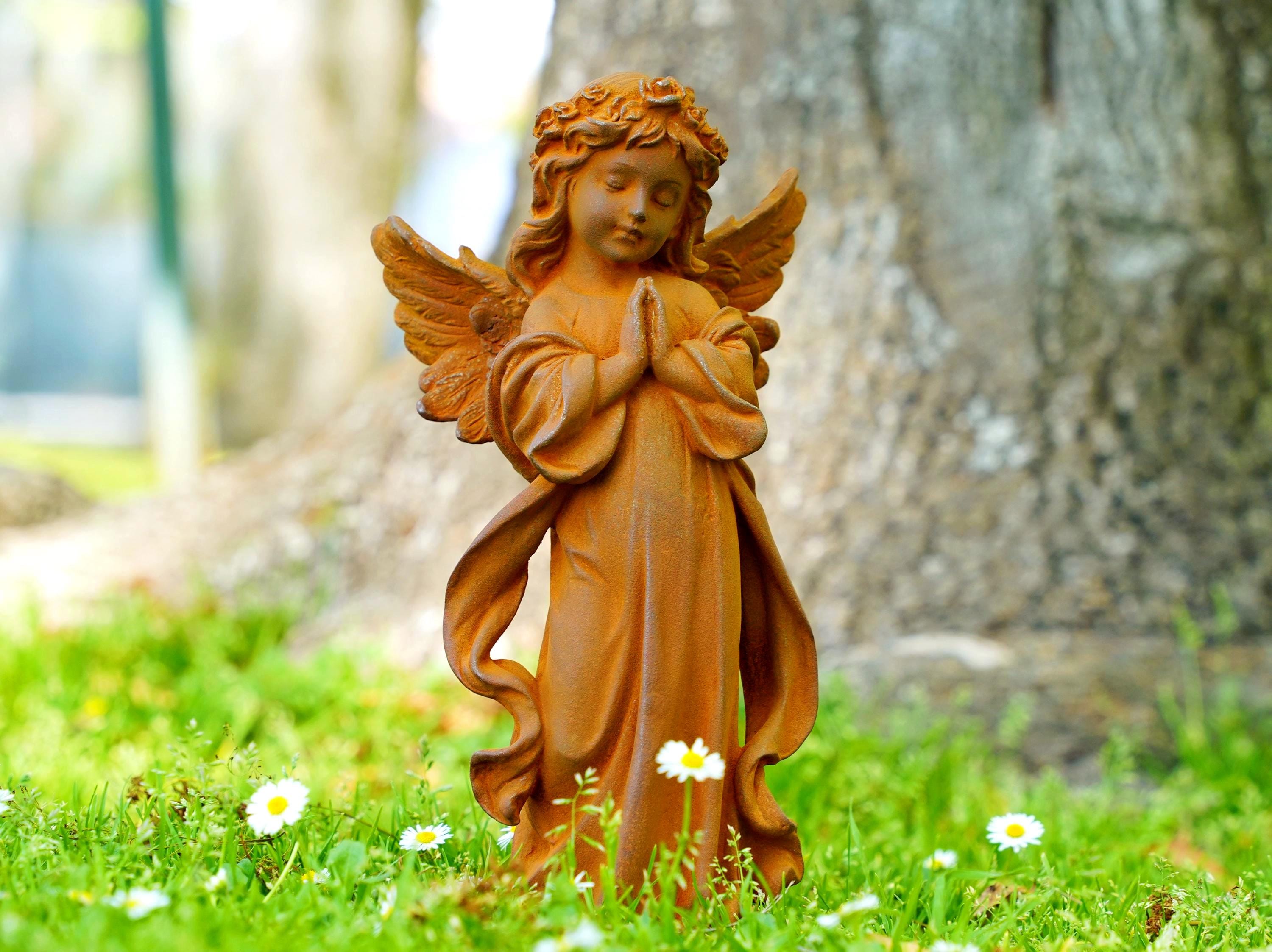 Handcrafted Cast Iron Angel Statue: Rustic Garden Religious Decor