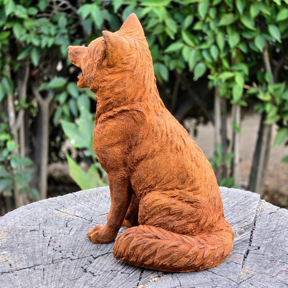 Rusty Finish Cast Iron Sitting Fox Statue – Handmade Garden Decor Animal Sculpture