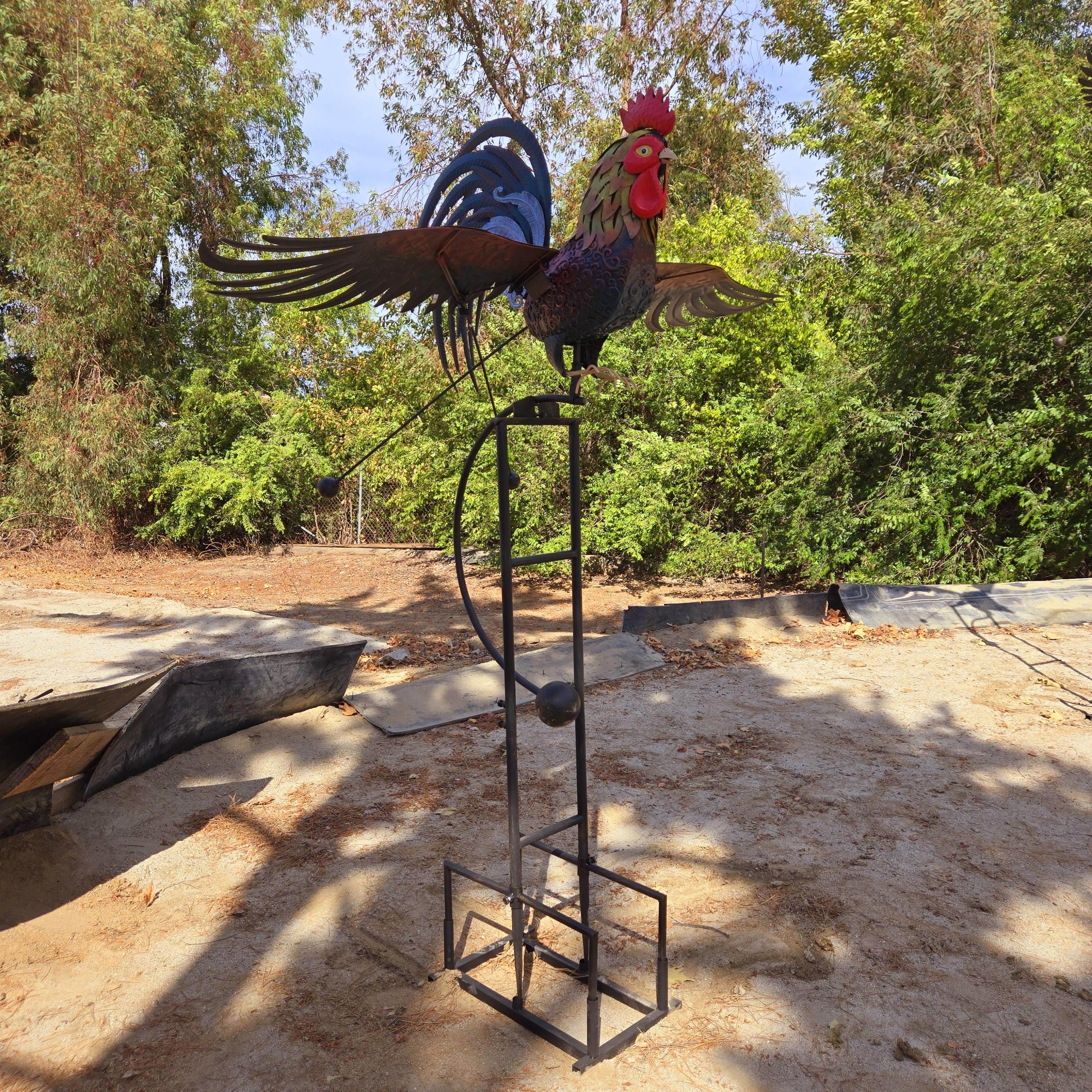 Giant Metal Rooster Garden Sculpture: Kinetic Farmhouse Yard Art