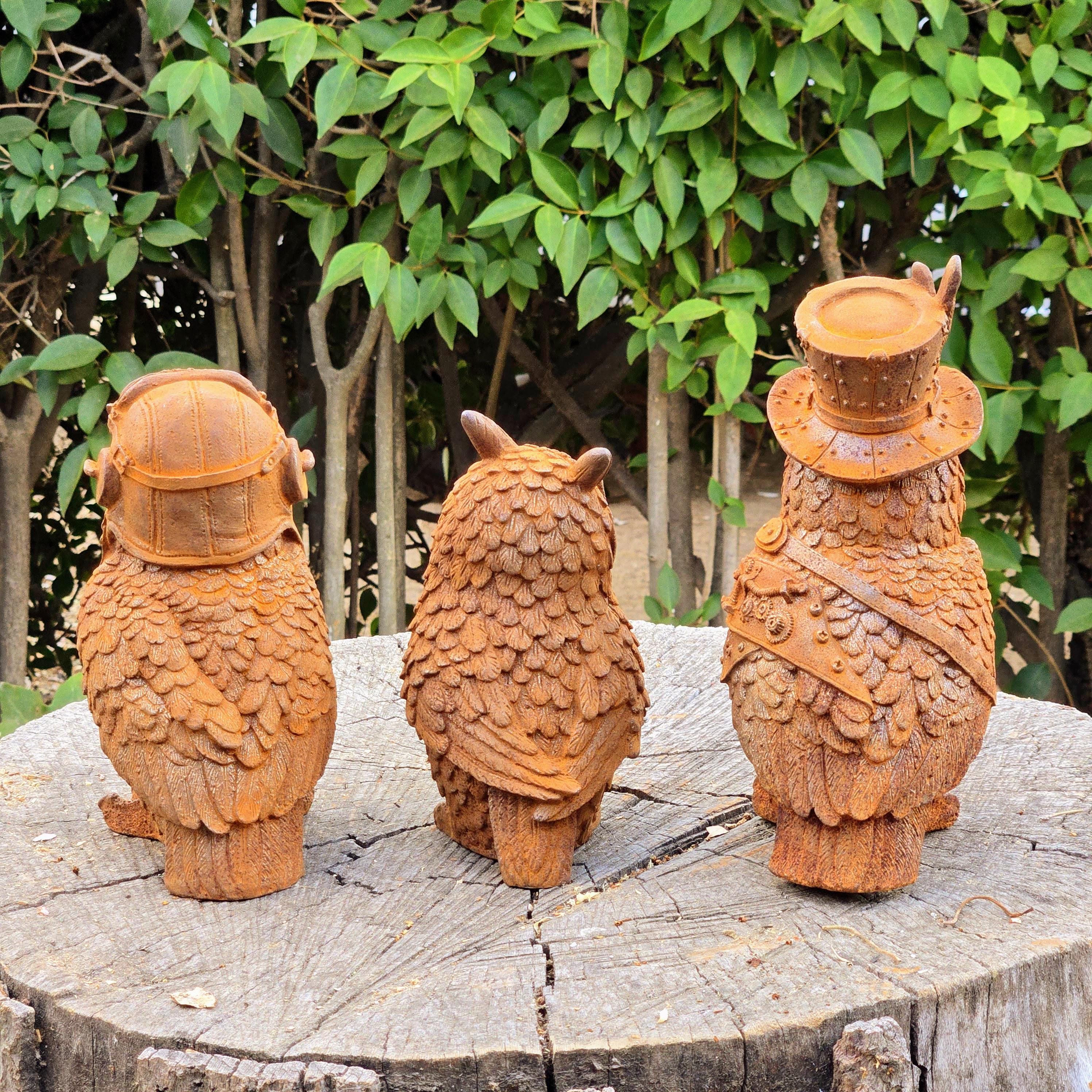 Rustic Cast Iron Owl Sculptures – Steampunk & Aviator Garden Decor, Vintage Metal Owl Statues