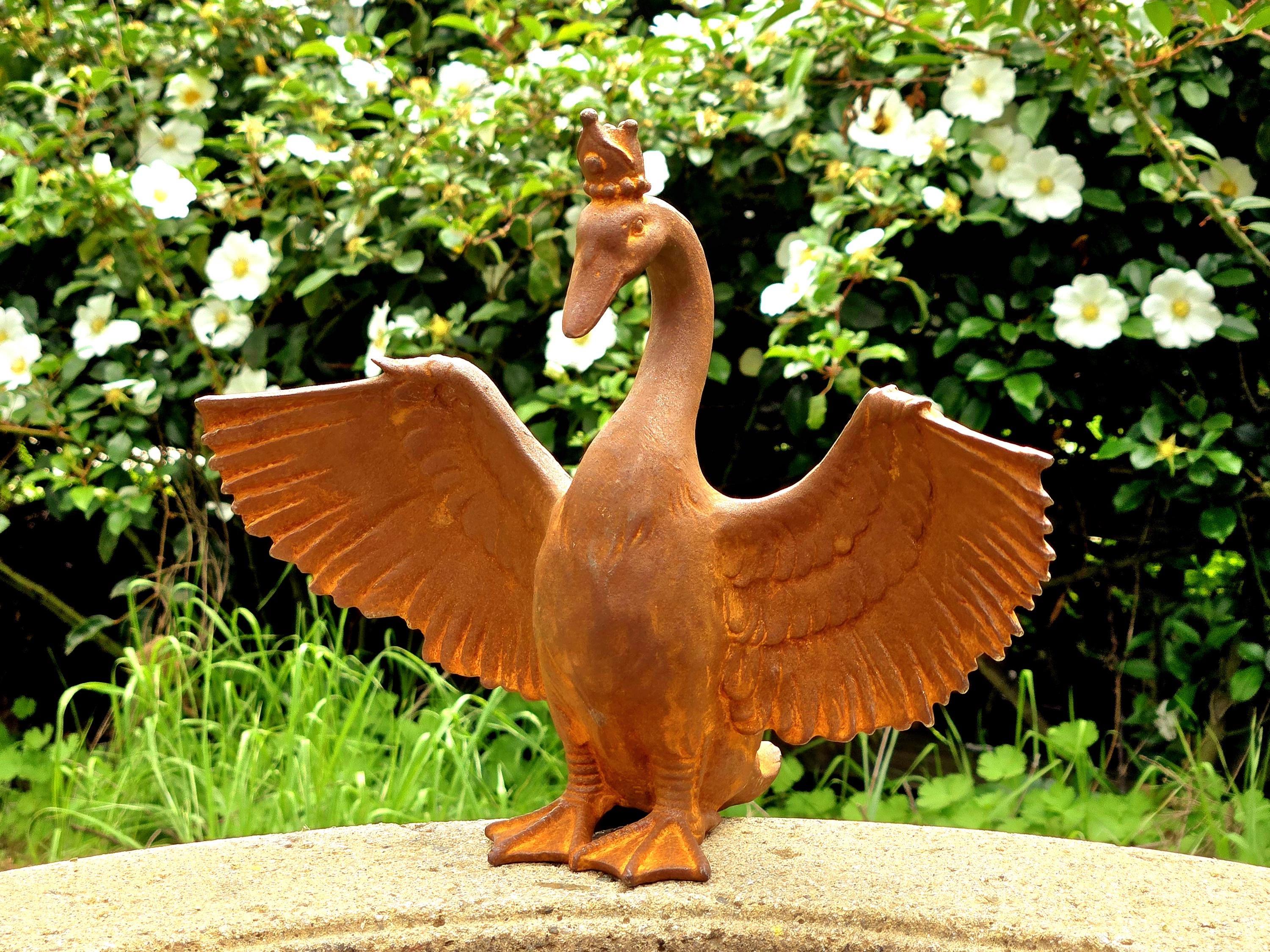 Cast Iron Crowned swan  Sculpture – Spreading Wings Garden Bird Statue, Whimsical Animal Decor