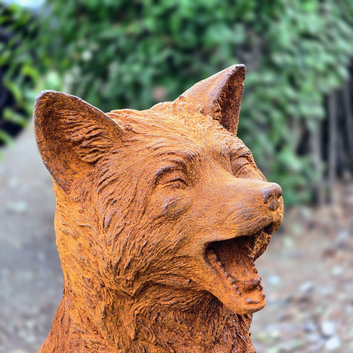 Rusty Finish Cast Iron Sitting Fox Statue – Handmade Garden Decor Animal Sculpture
