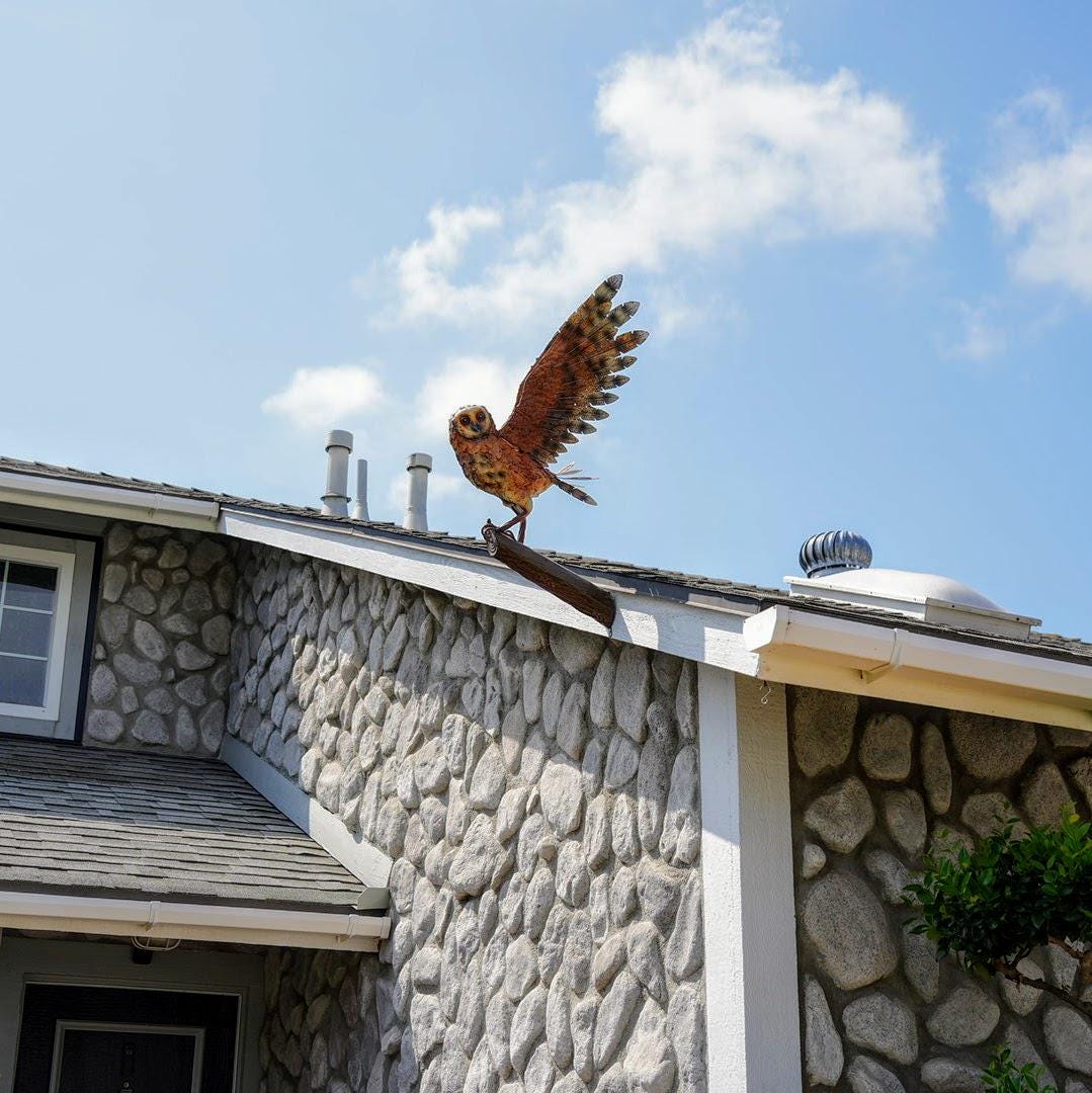 Rustic style, metal, 3D owl with outstretched wings, garden decoration, housewarming gift.
