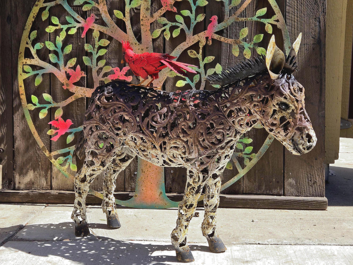 Rustic Metal Donkey Sculpture – Farmhouse Garden Yard Art, Welded Aged Patina Accent