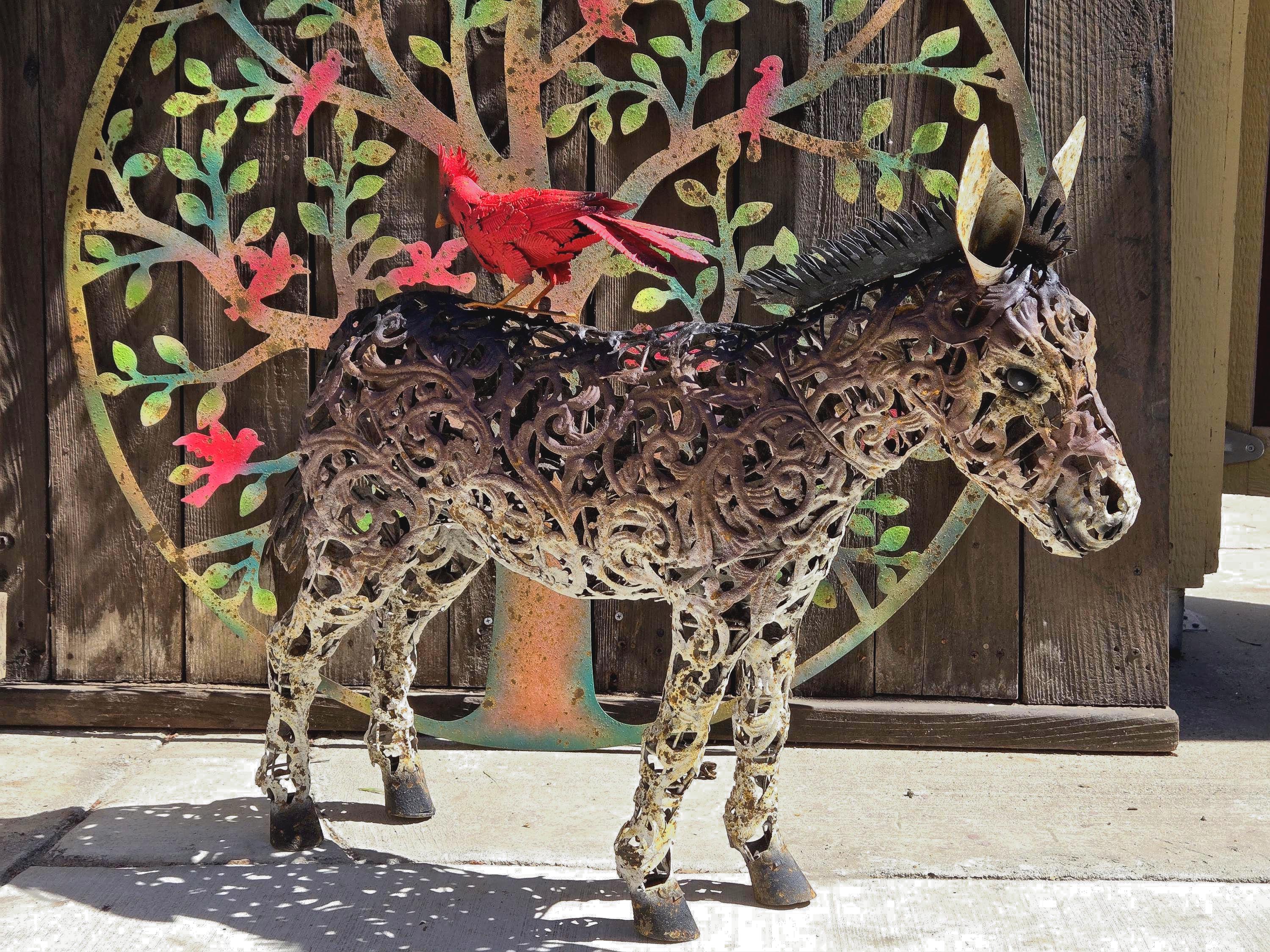 Rustic Metal Donkey Sculpture – Farmhouse Garden Yard Art, Welded Aged Patina Accent