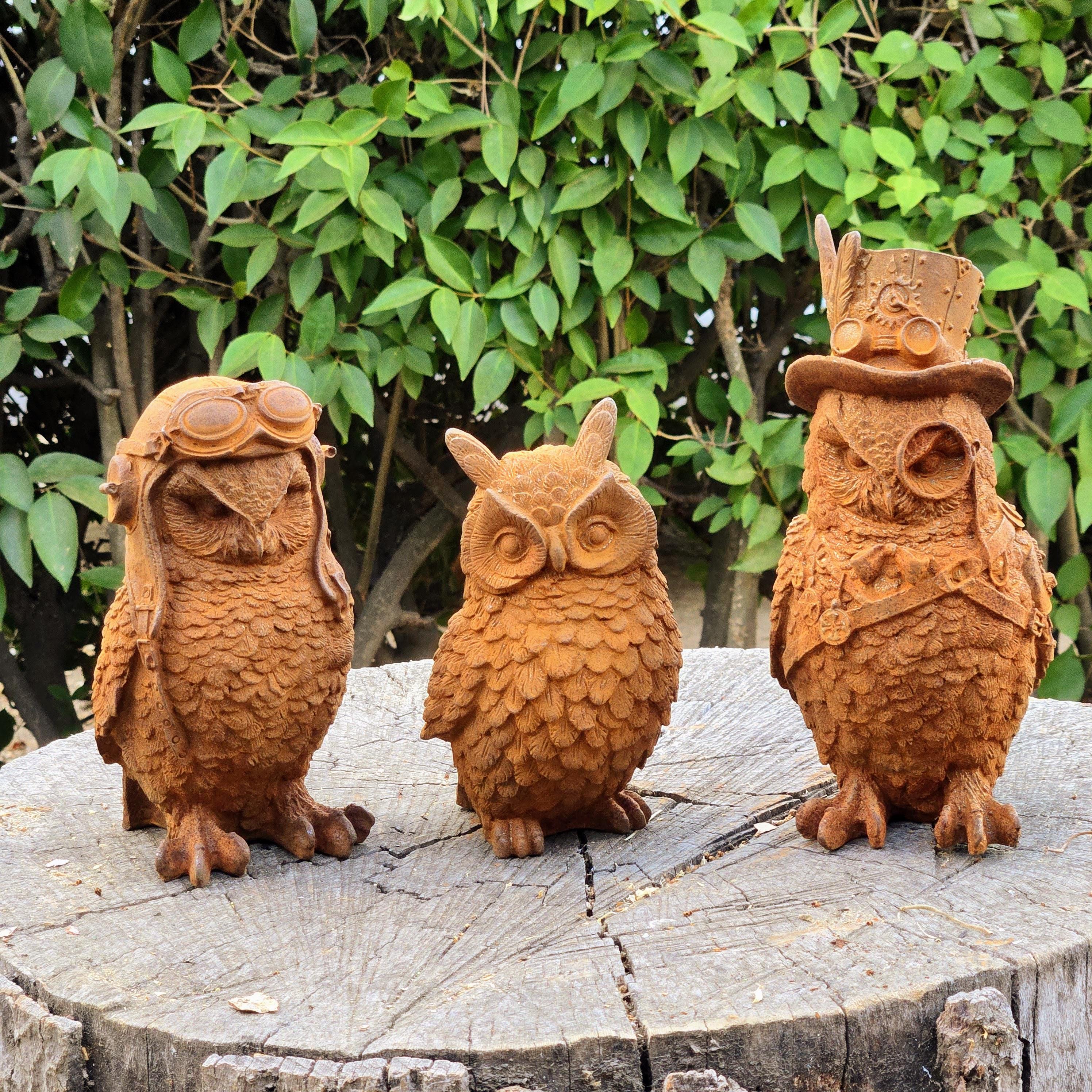 Rustic Cast Iron Owl Sculptures – Steampunk & Aviator Garden Decor, Vintage Metal Owl Statues