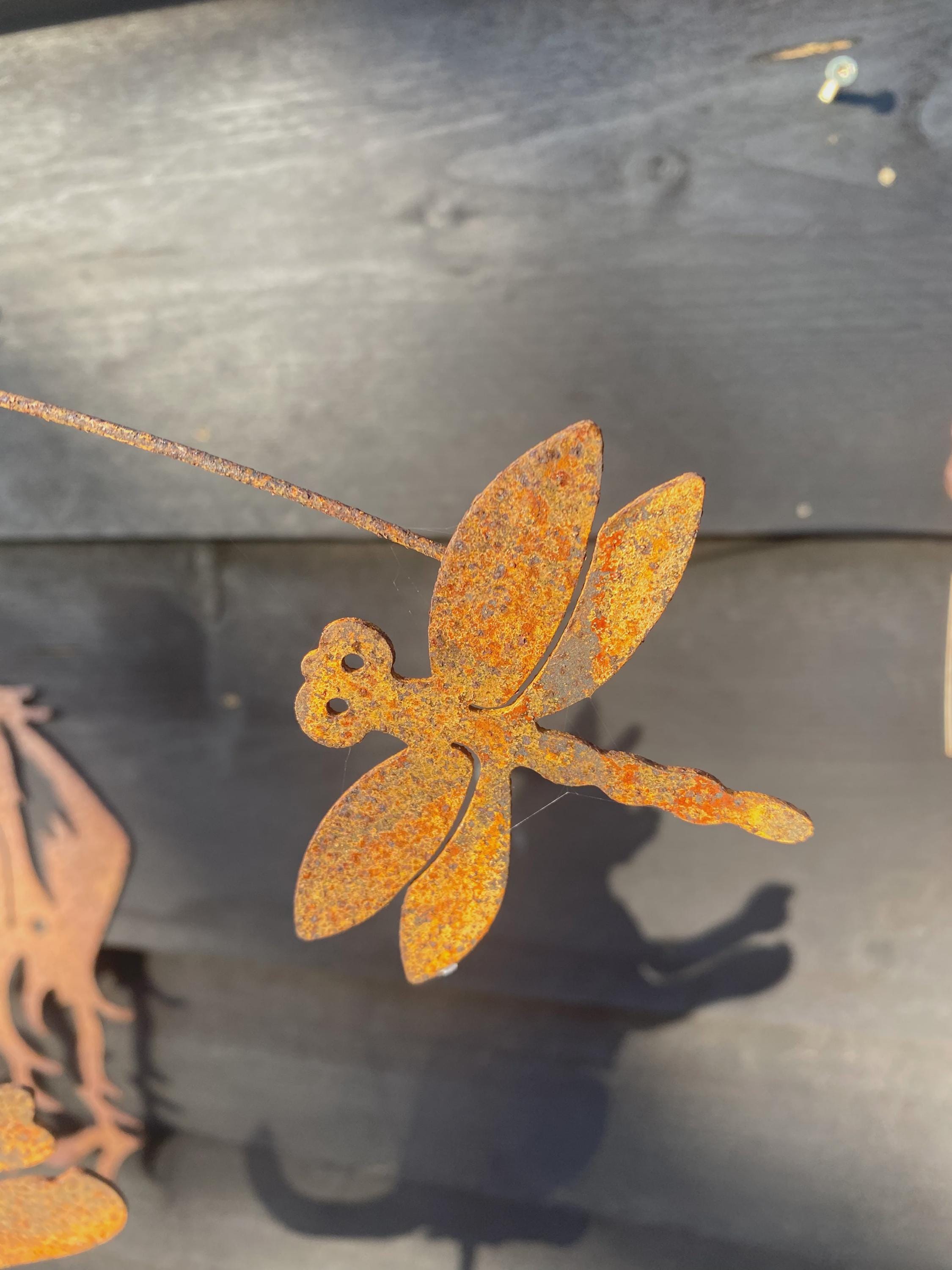 Rustic Metal Cat and Dragonfly Garden Stake - Whimsical Yard Art