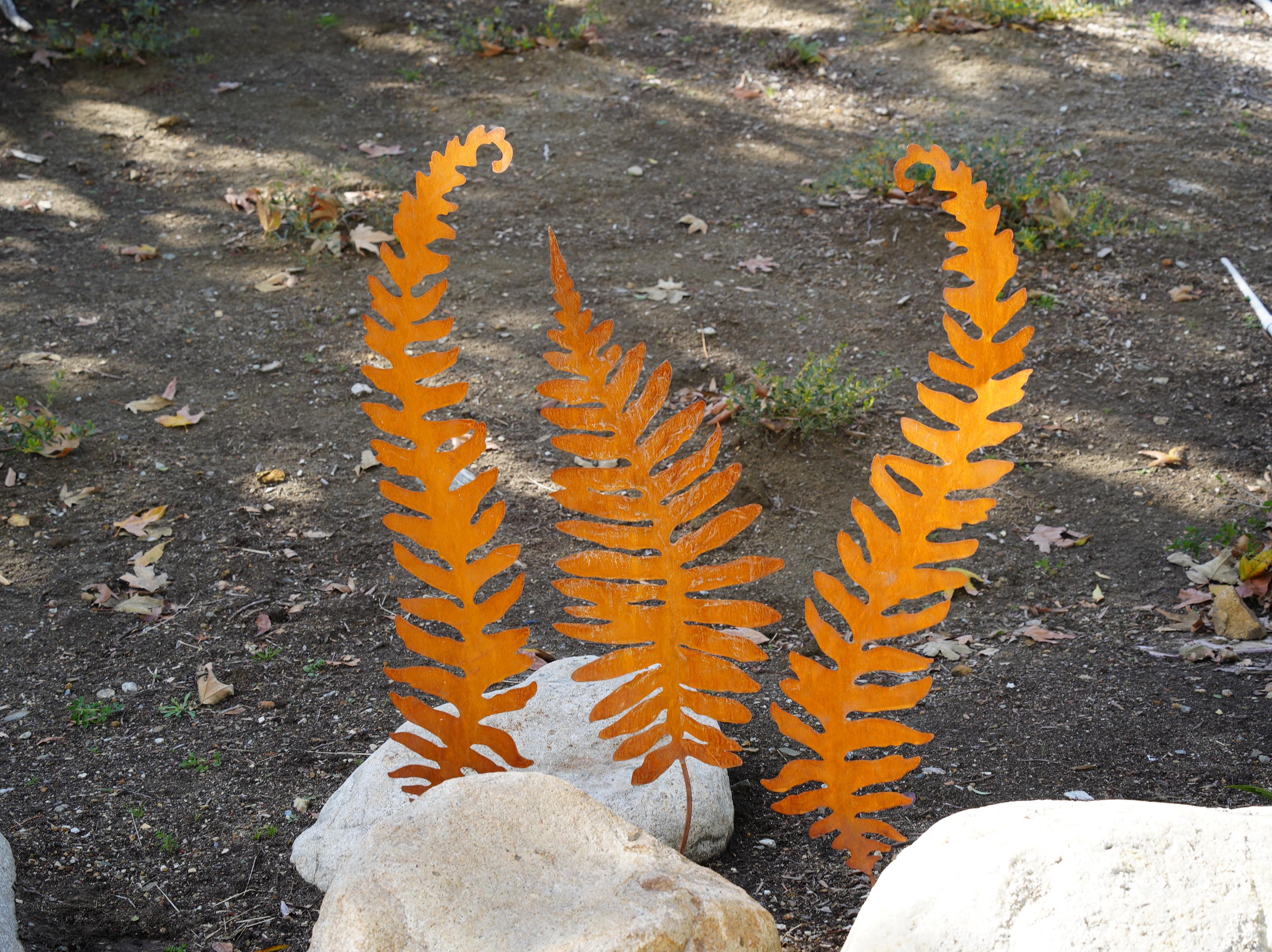 Giant Rusty Metal Fern Garden Stake Set: Rustic Corten Steel Botanical Sculpture