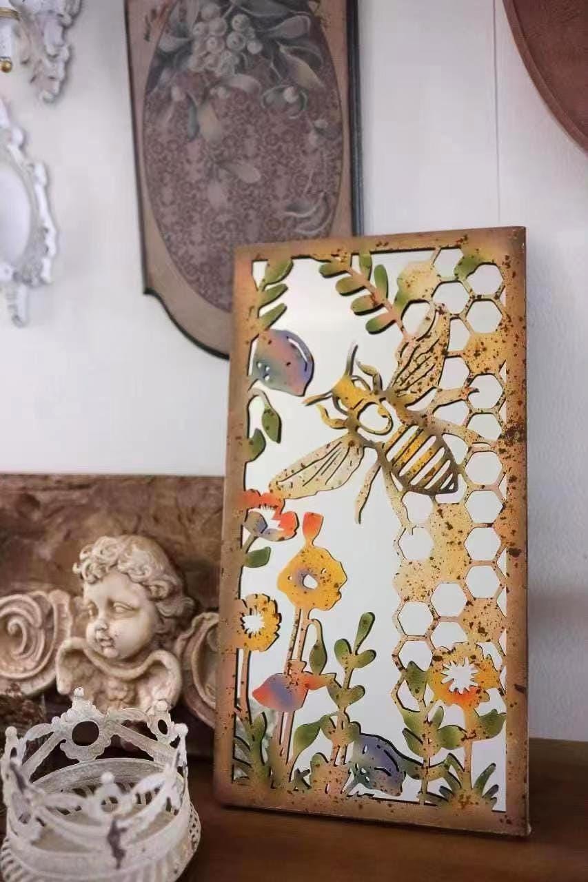 Rustic Metal Bee Garden Mirror Wall Decor: Patina Finish, Handcrafted Iron Art