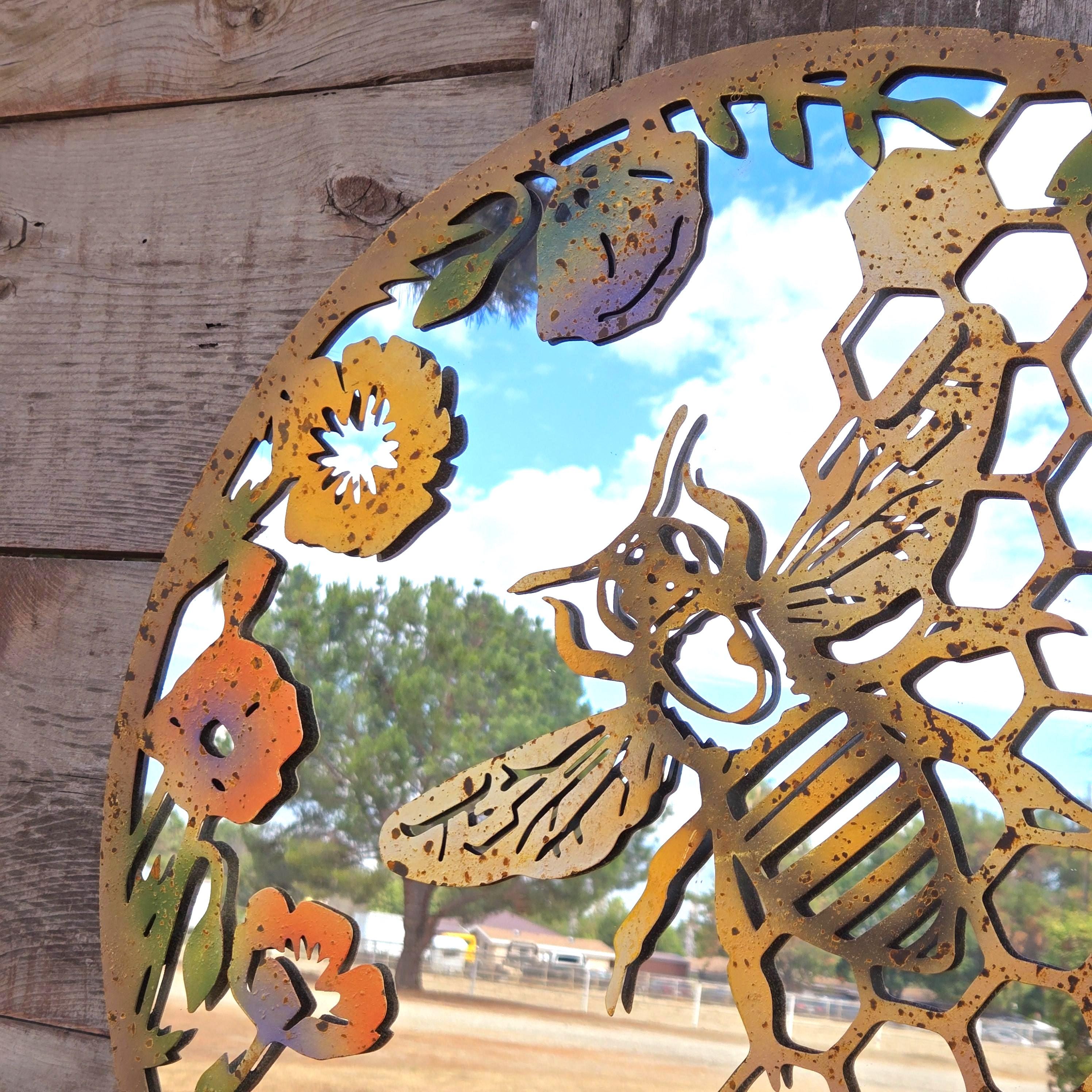 Rustic Metal Bee Garden Mirror Wall Decor: Patina Finish, Handcrafted Iron Art