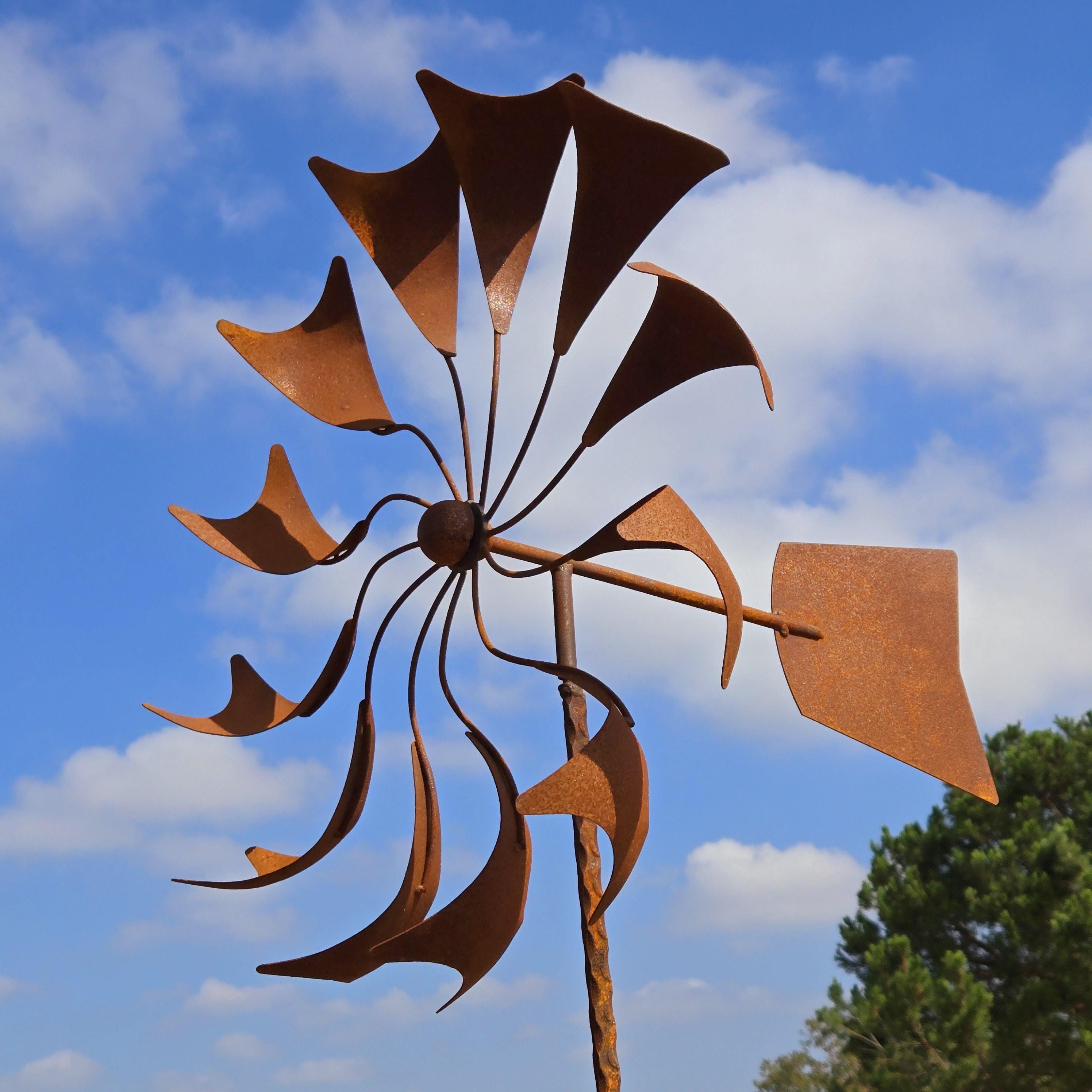 Rustic Garden Wind Spinner with Weather Vane, Heavy-Duty Mild Steel Outdoor Sculpture