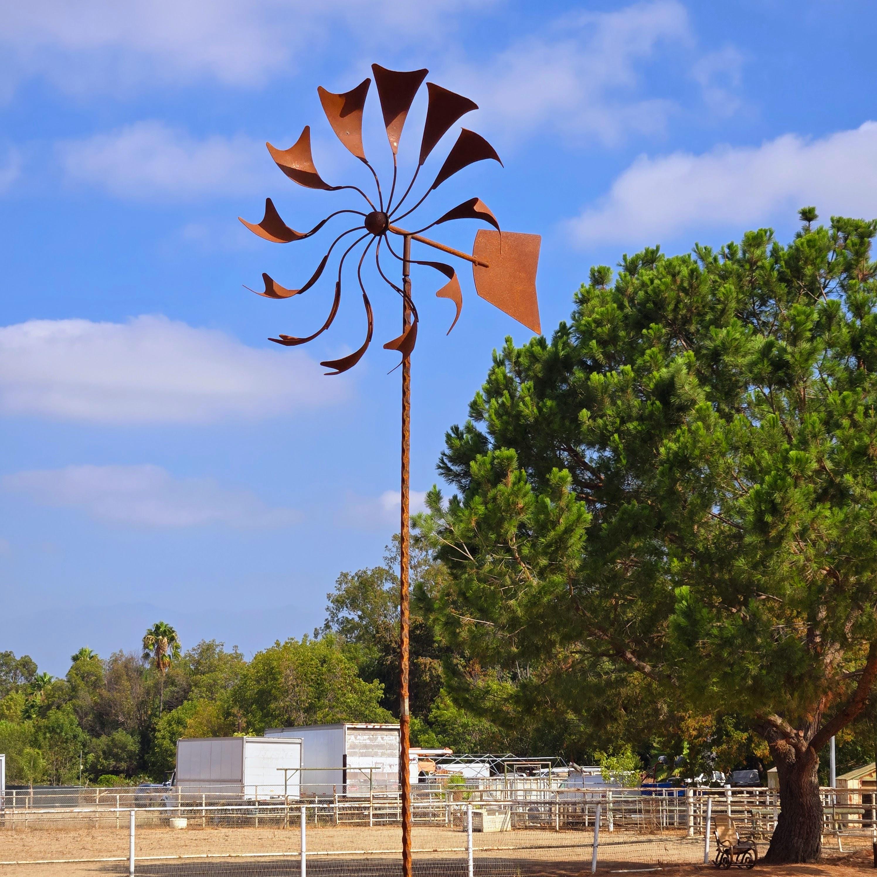 Rustic Garden Wind Spinner with Weather Vane, Heavy-Duty Mild Steel Outdoor Sculpture