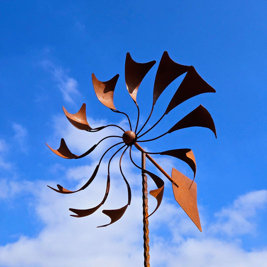 Rustic Garden Wind Spinner with Weather Vane, Heavy-Duty Mild Steel Outdoor Sculpture