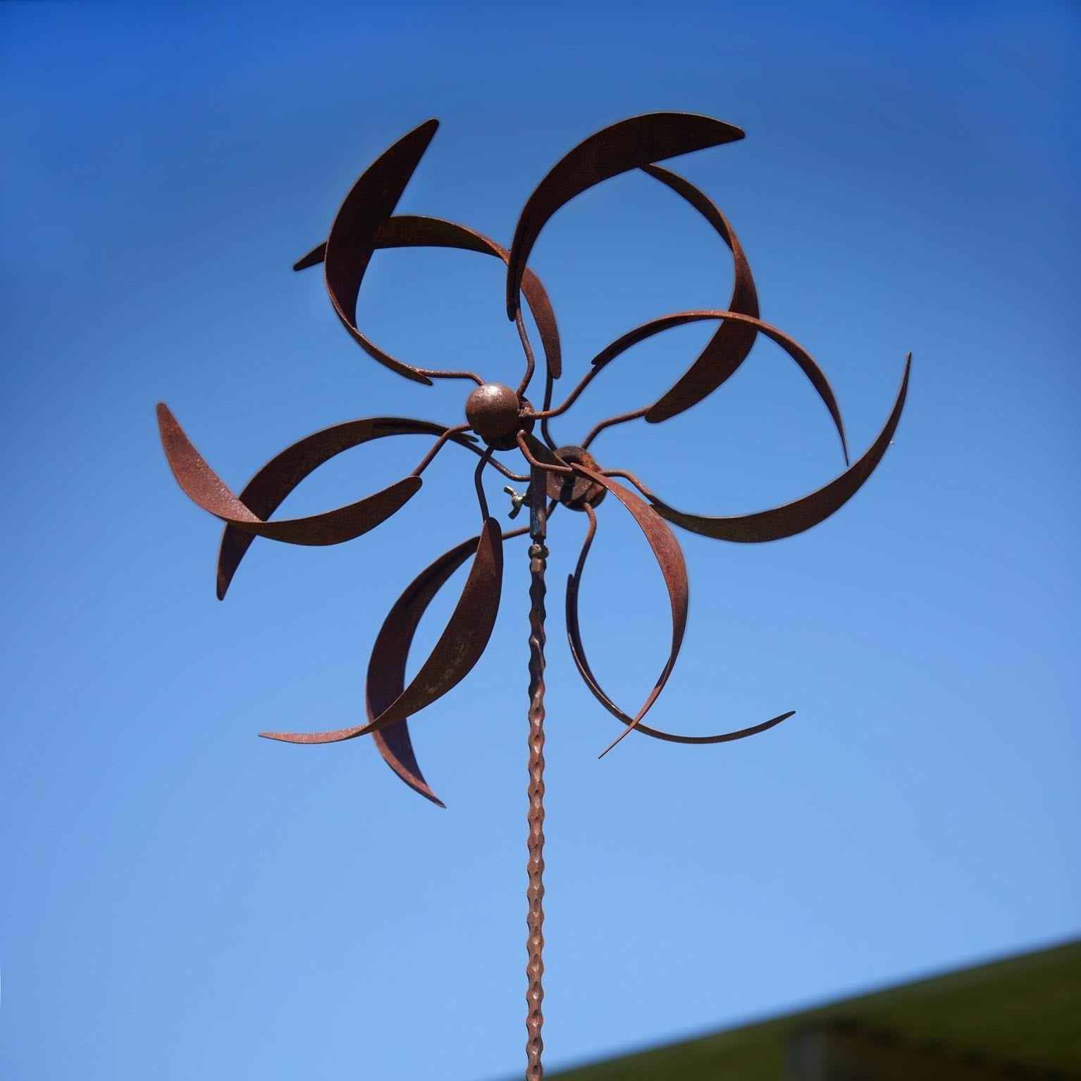70“H Rustic Metal Wind Spinner: Kinetic Garden Art, Patio Decor