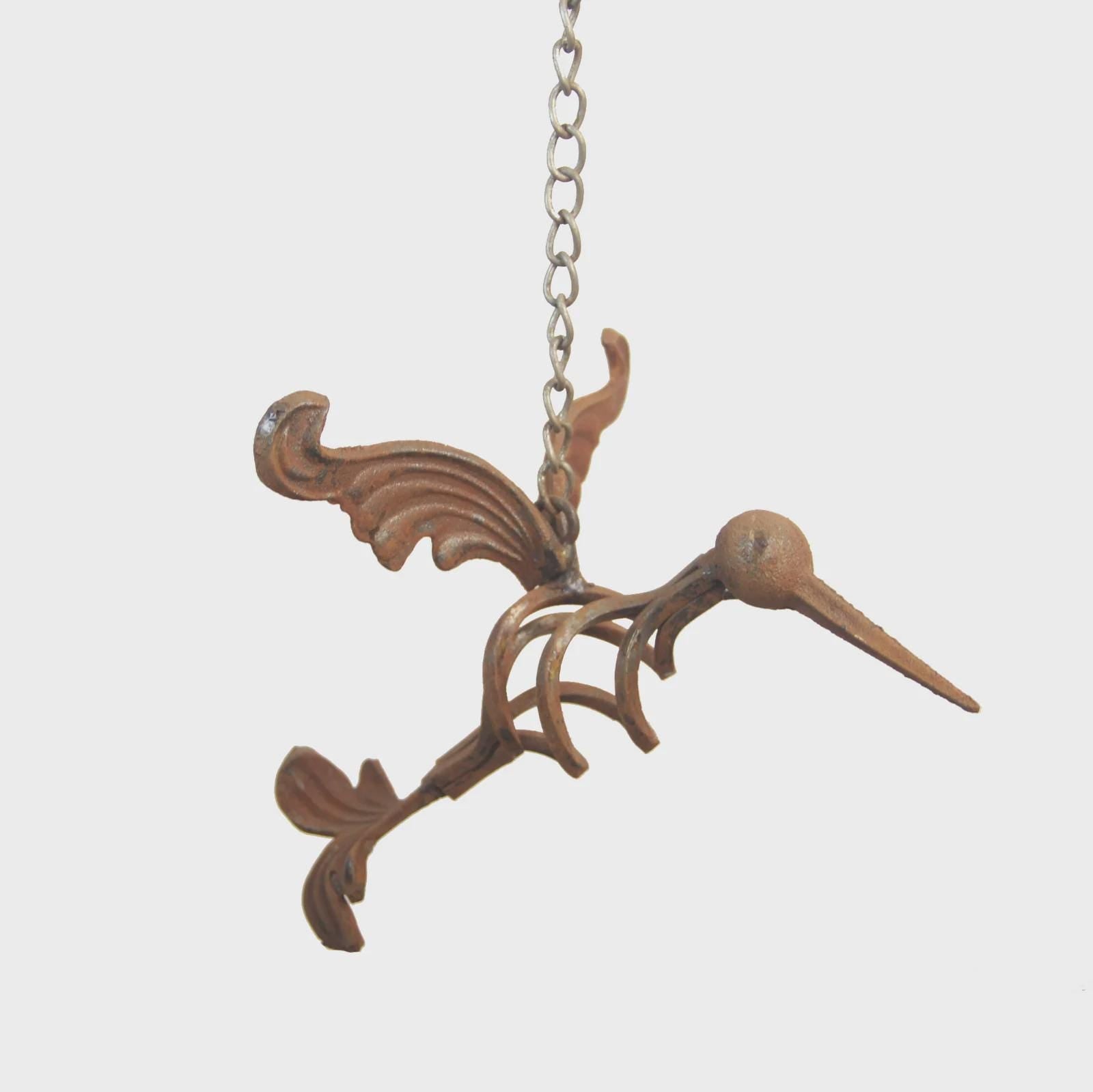 Rustic Cast Iron Hummingbird Wind Chime – Vintage Rust Finish Hanging Bell Garden Ornament