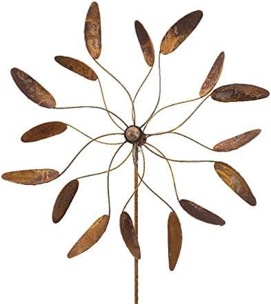 67" Handmade Rusty Iron Flower Wind Spinner: Weathered Garden Sculpture