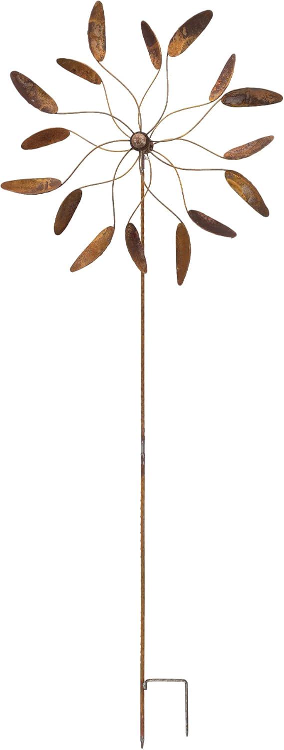 67" Handmade Rusty Iron Flower Wind Spinner: Weathered Garden Sculpture