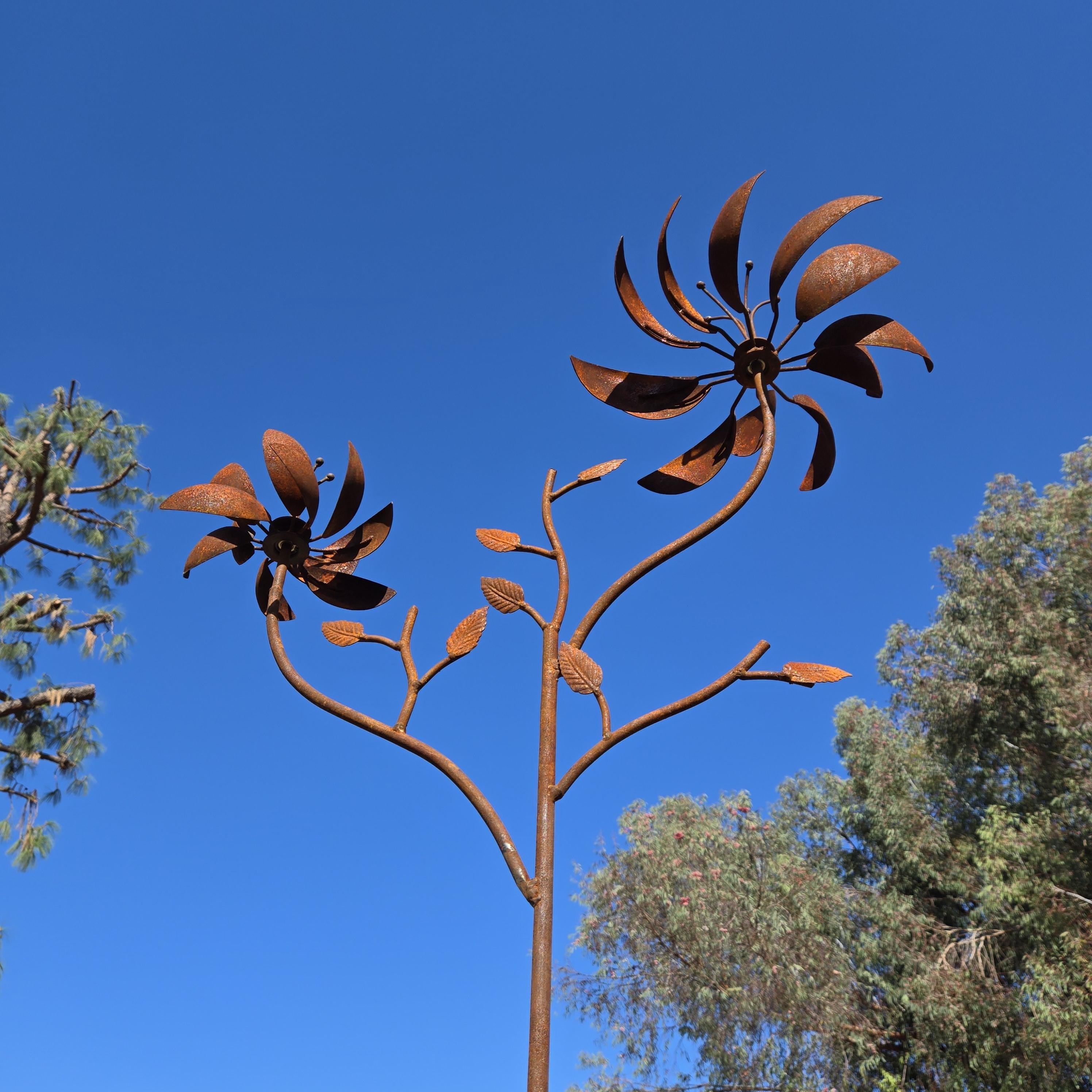 Rusty Metal Flower Garden kinetic wind spinner Stake: Handmade Iron Sculpture, Outdoor Decor