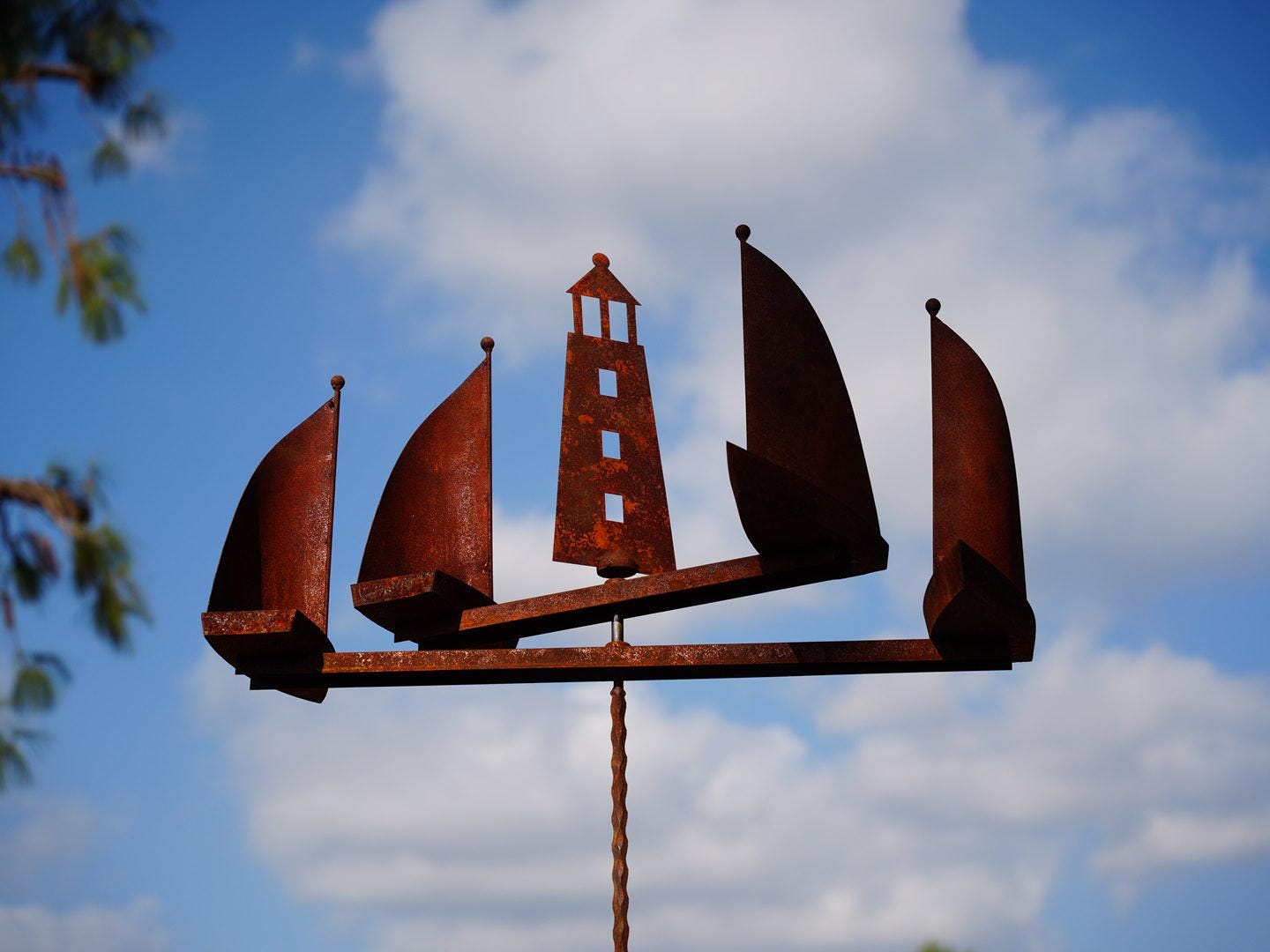 Metal Garden Rusty Large Lighthouse & Sailboats Wind Spinner – Sailboat Stake Ornament