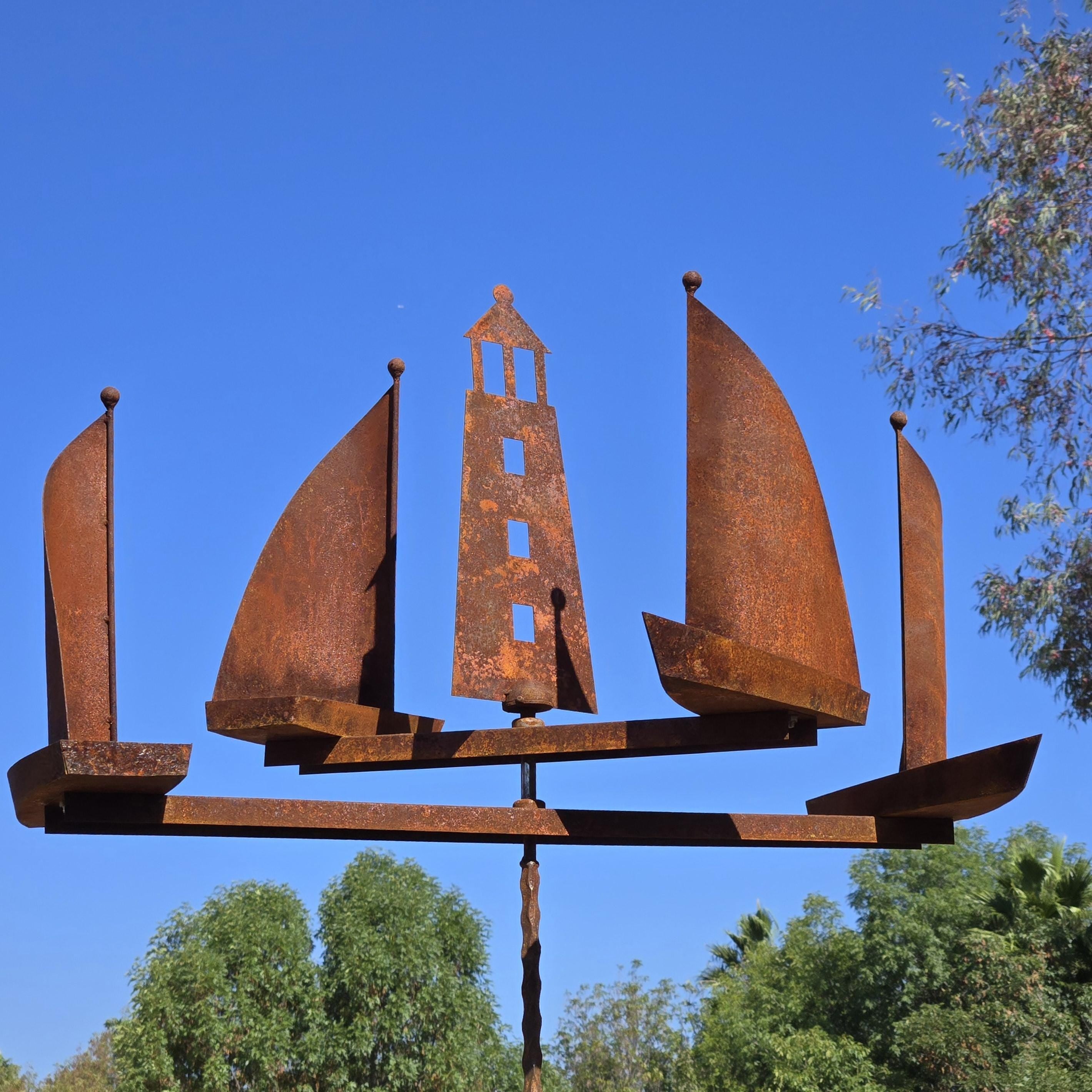 Metal Garden Rusty Large Lighthouse & Sailboats Wind Spinner – Sailboat Stake Ornament