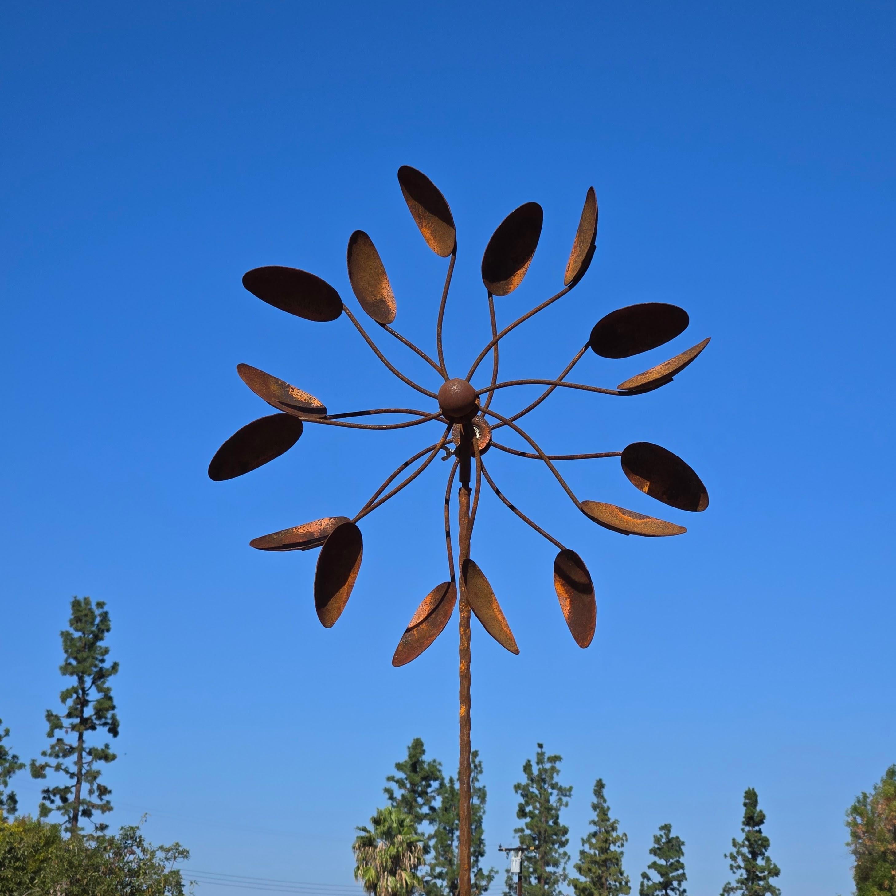 67" Handmade Rusty Iron Flower Wind Spinner: Weathered Garden Sculpture