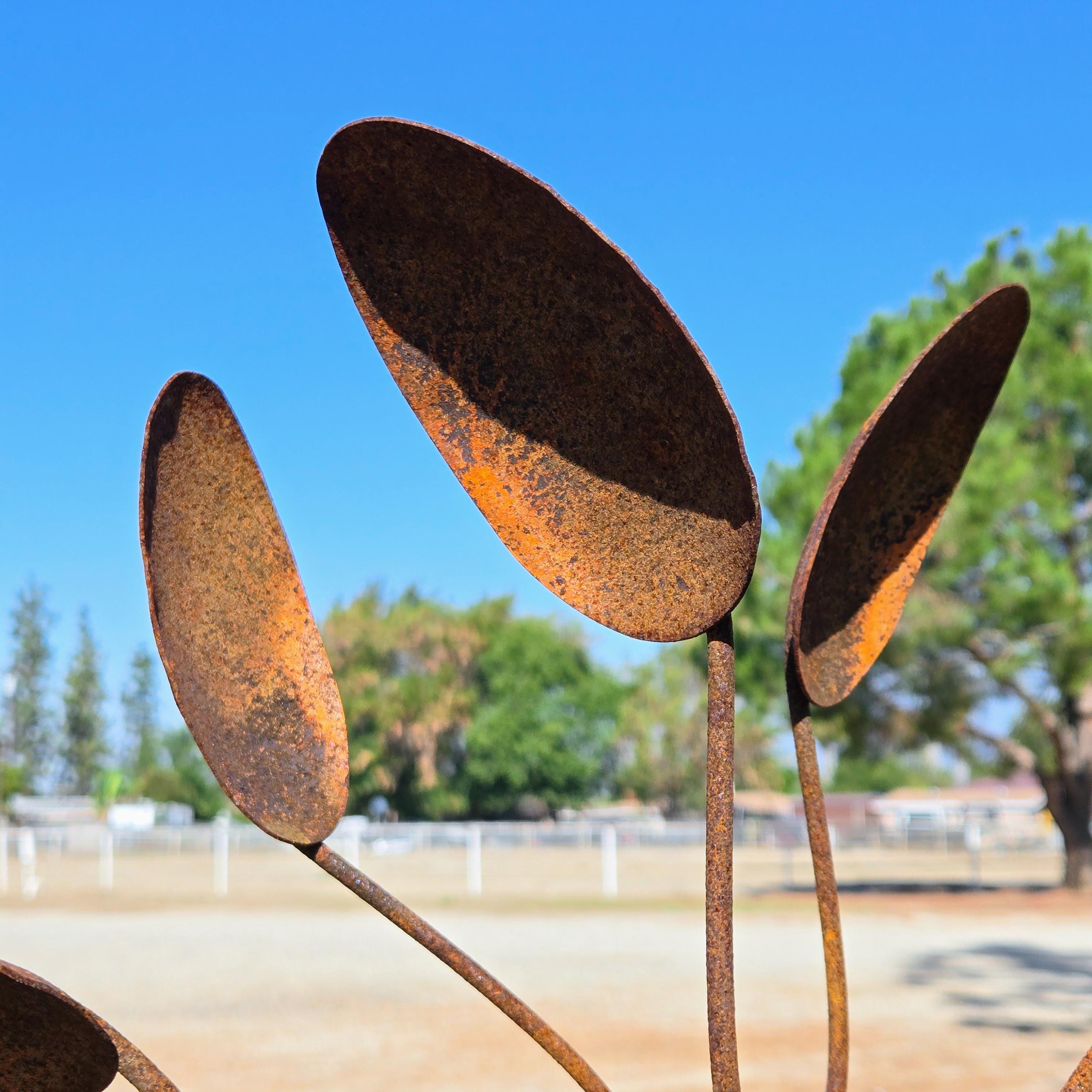 67" Handmade Rusty Iron Flower Wind Spinner: Weathered Garden Sculpture
