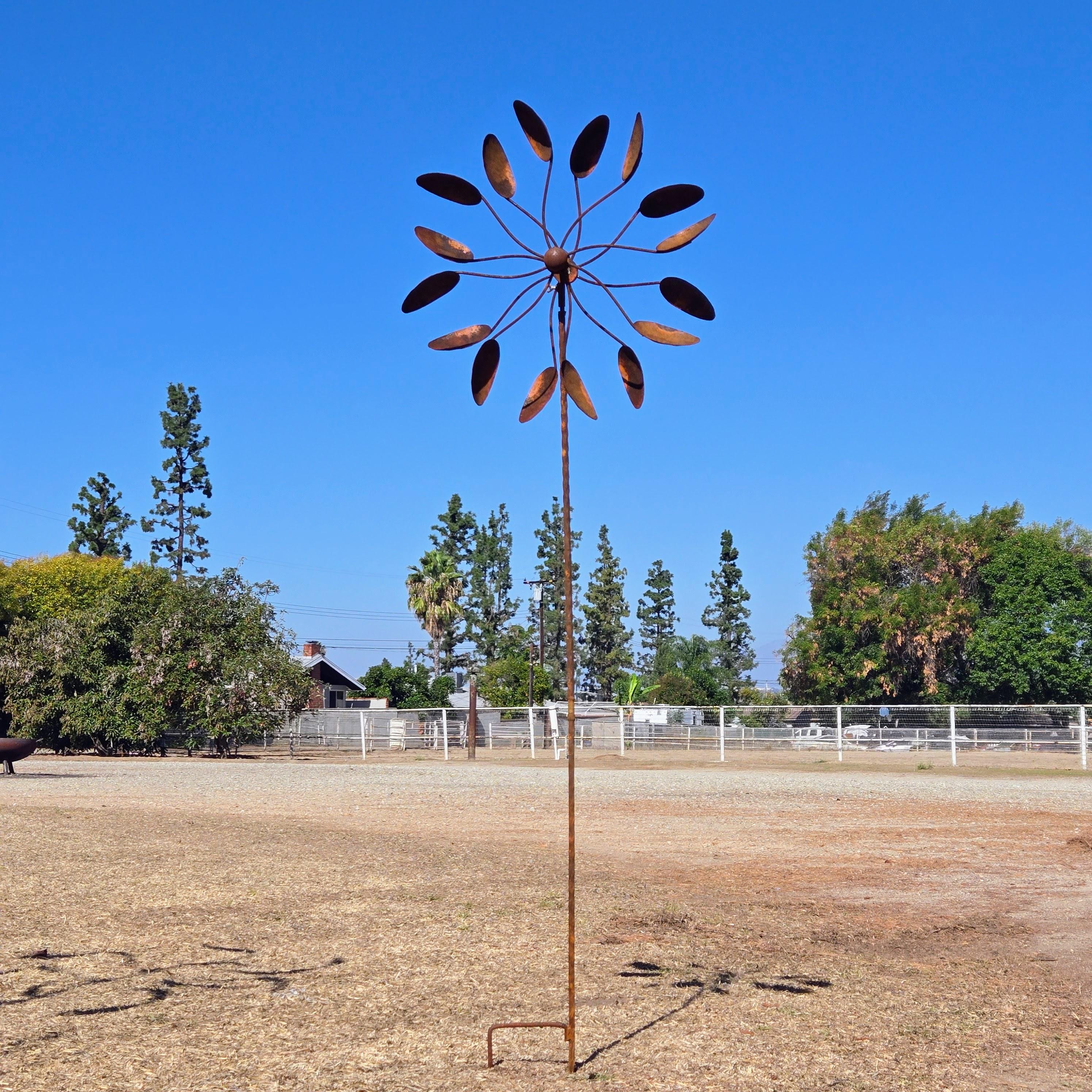 67" Handmade Rusty Iron Flower Wind Spinner: Weathered Garden Sculpture