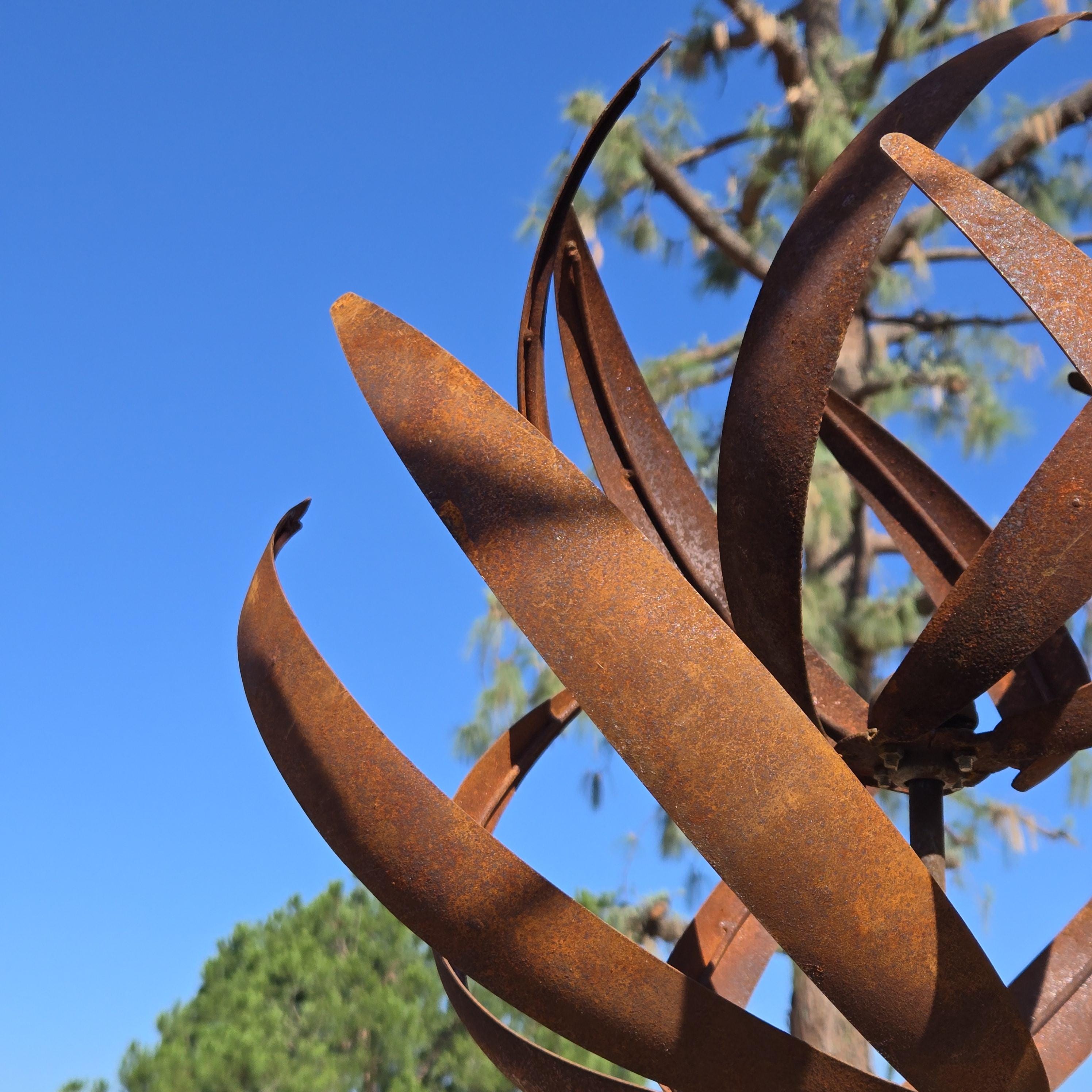 Handmade 87" Rusty Iron Lotus Wind Spinner - Weathered Garden Art