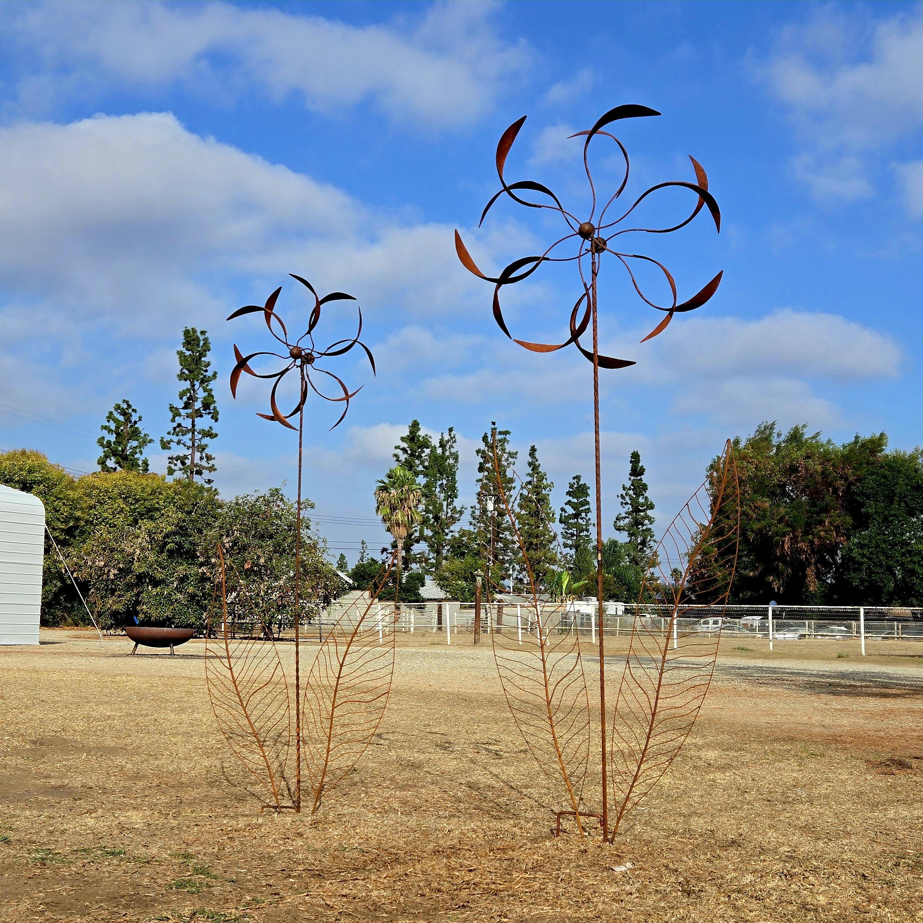 70“H Rustic Metal Wind Spinner: Kinetic Garden Art, Patio Decor