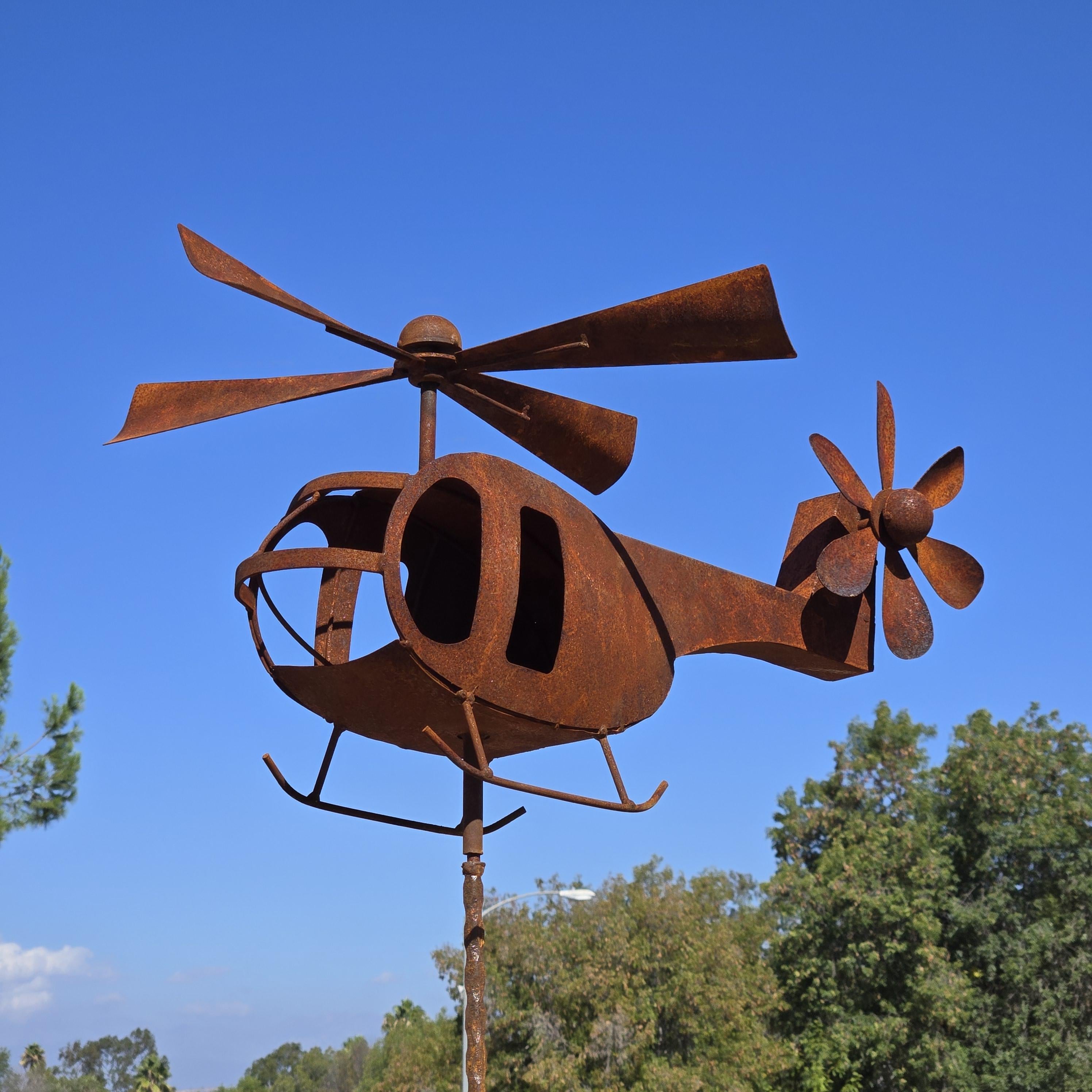 Handmade Rusty Iron Helicopter Wind Spinner: Aviation Garden Art