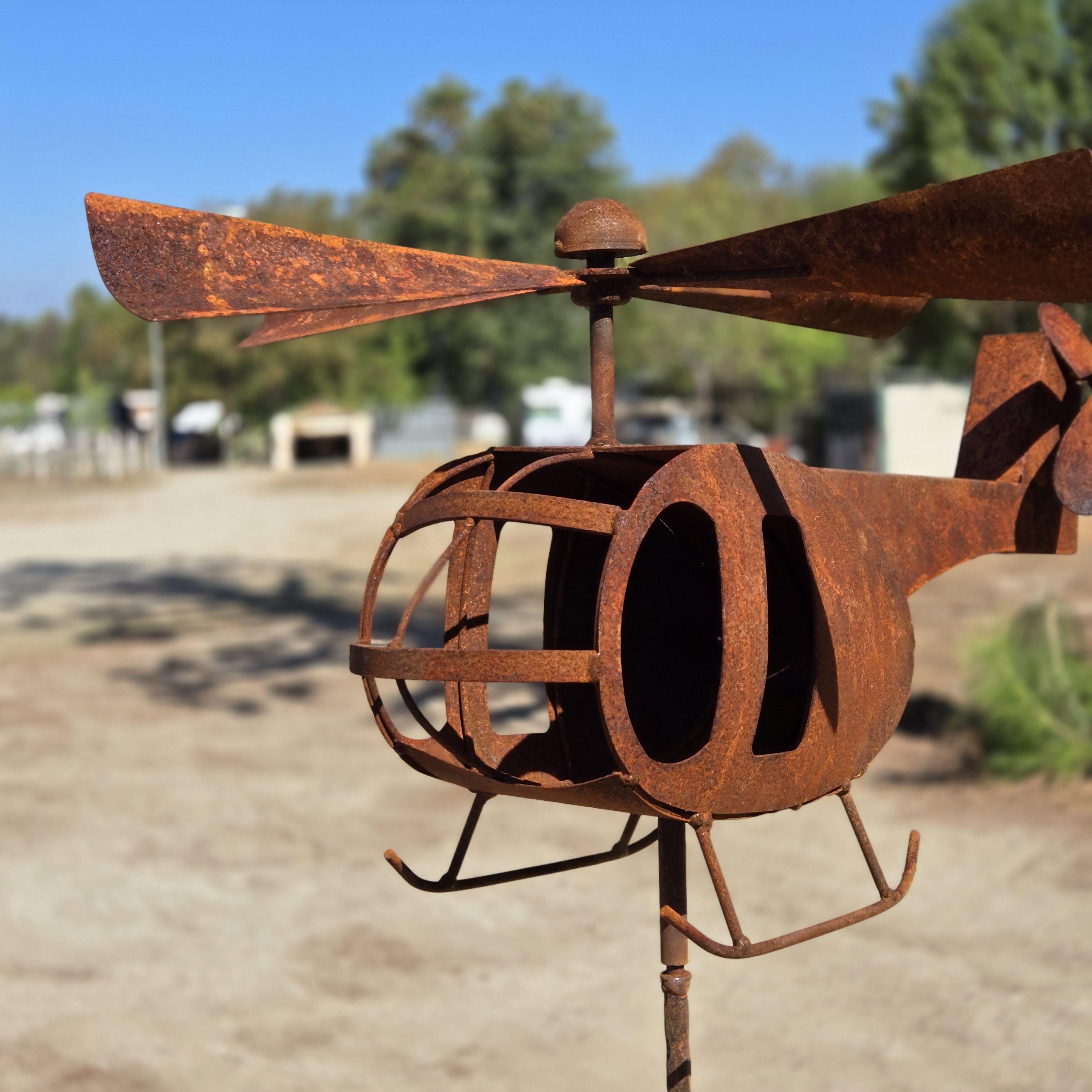 Handmade Rusty Iron Helicopter Wind Spinner: Aviation Garden Art