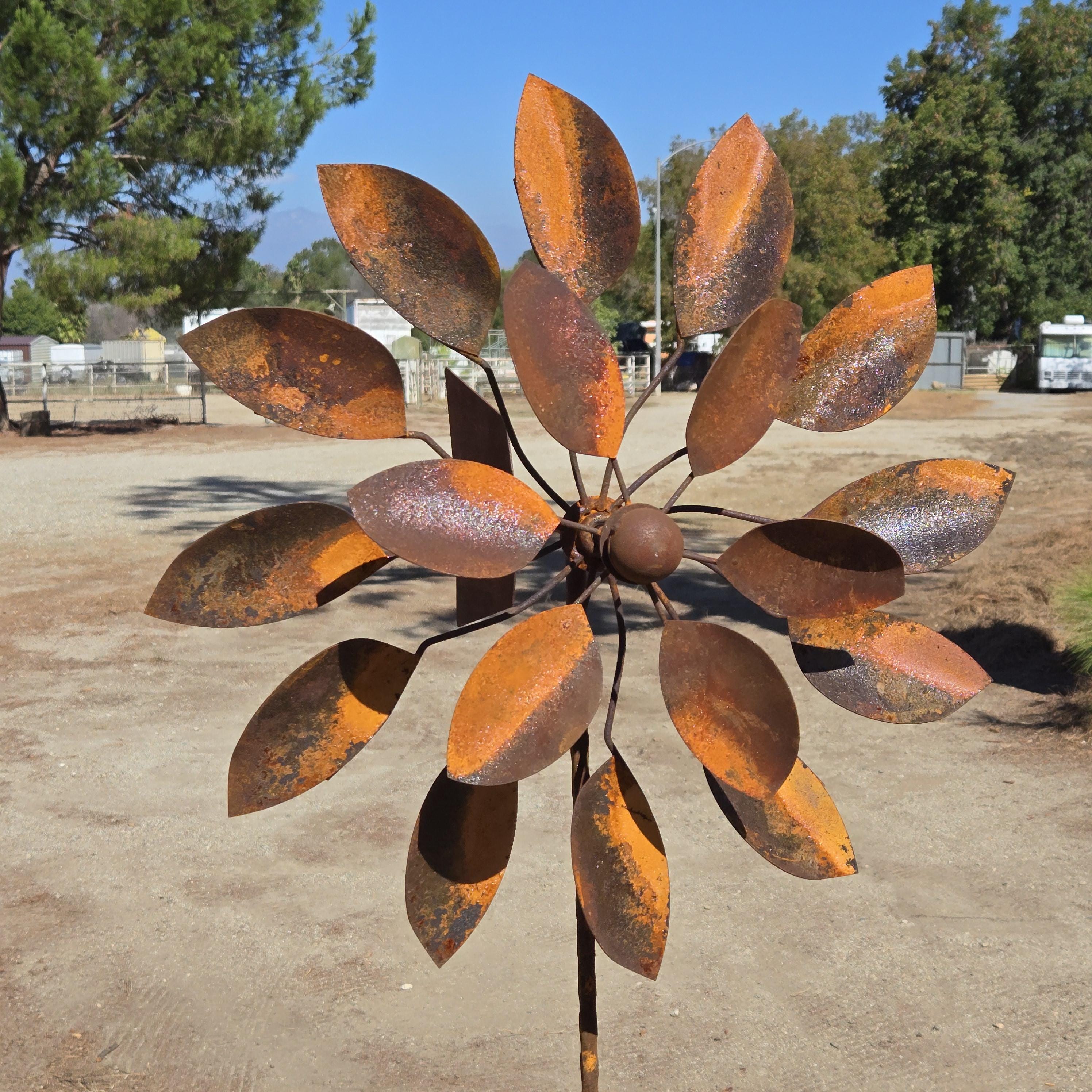 Handmade Rusty Iron Flower Wind Spinner: Farmhouse Garden Decor (82"H)