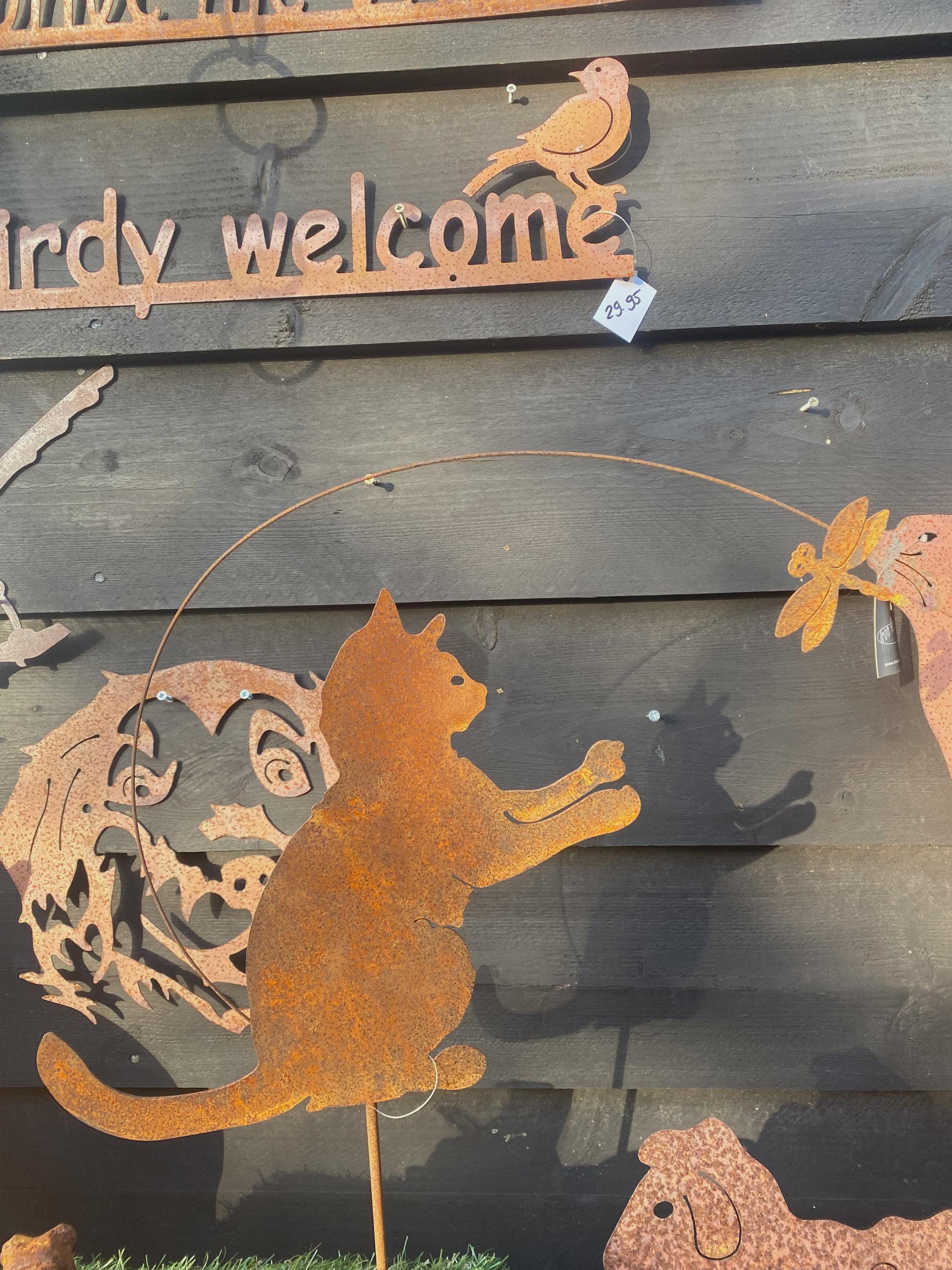 Rustic Metal Cat and Dragonfly Garden Stake - Whimsical Yard Art