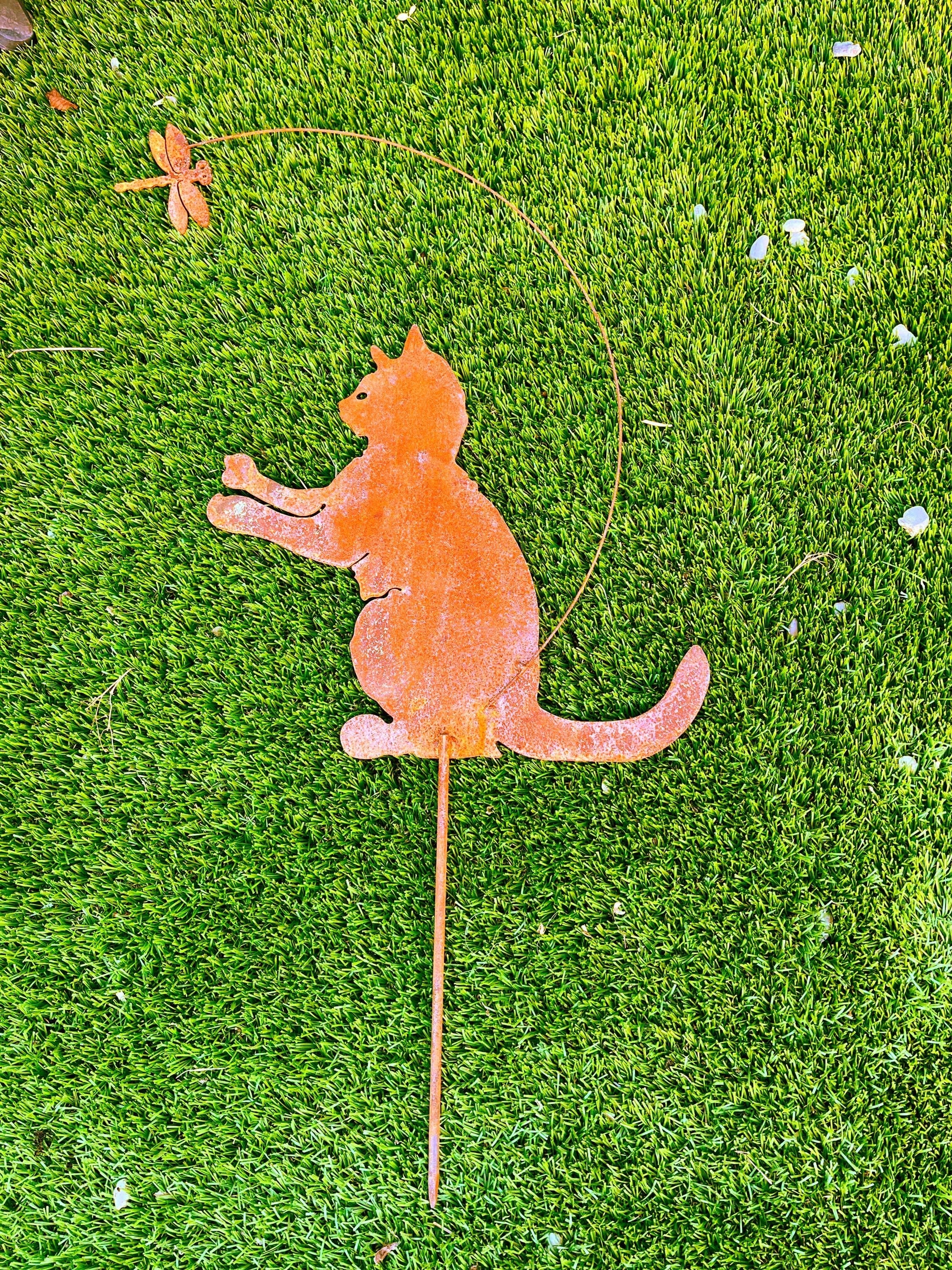 Rustic Metal Cat and Dragonfly Garden Stake - Whimsical Yard Art