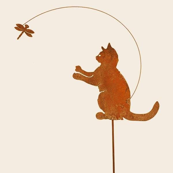 Rustic Metal Cat and Dragonfly Garden Stake - Whimsical Yard Art