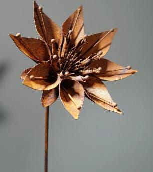 Rusted Metal Flower Garden Art Stakes, Handcrafted Yard Decor