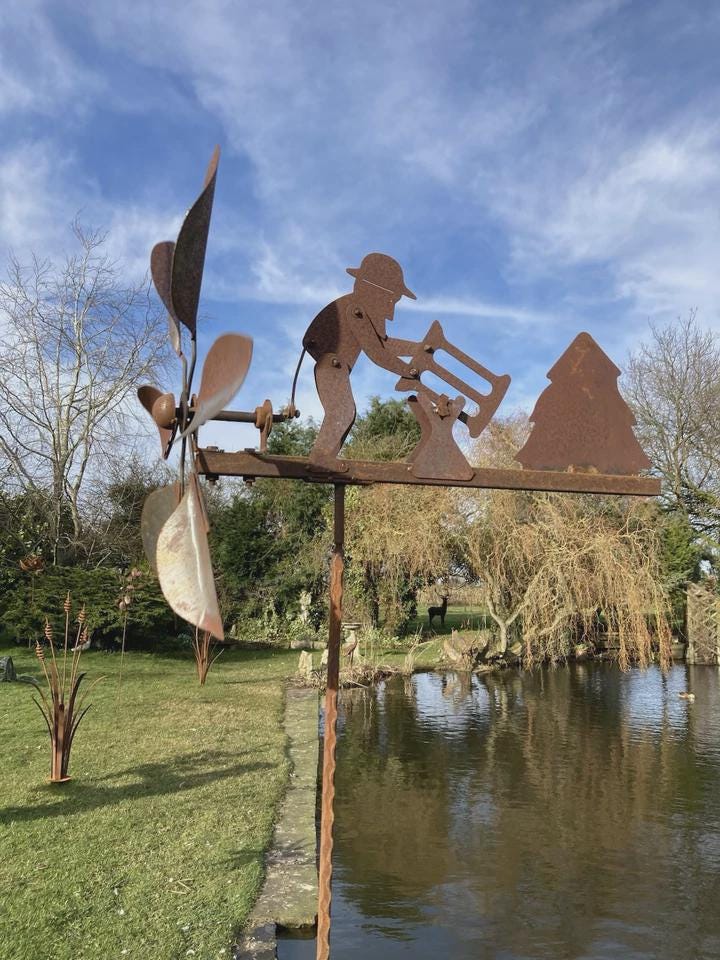 Rusty Lumberjack Wind Spinner — Kinetic Wind-Powered Metal Garden Sculpture