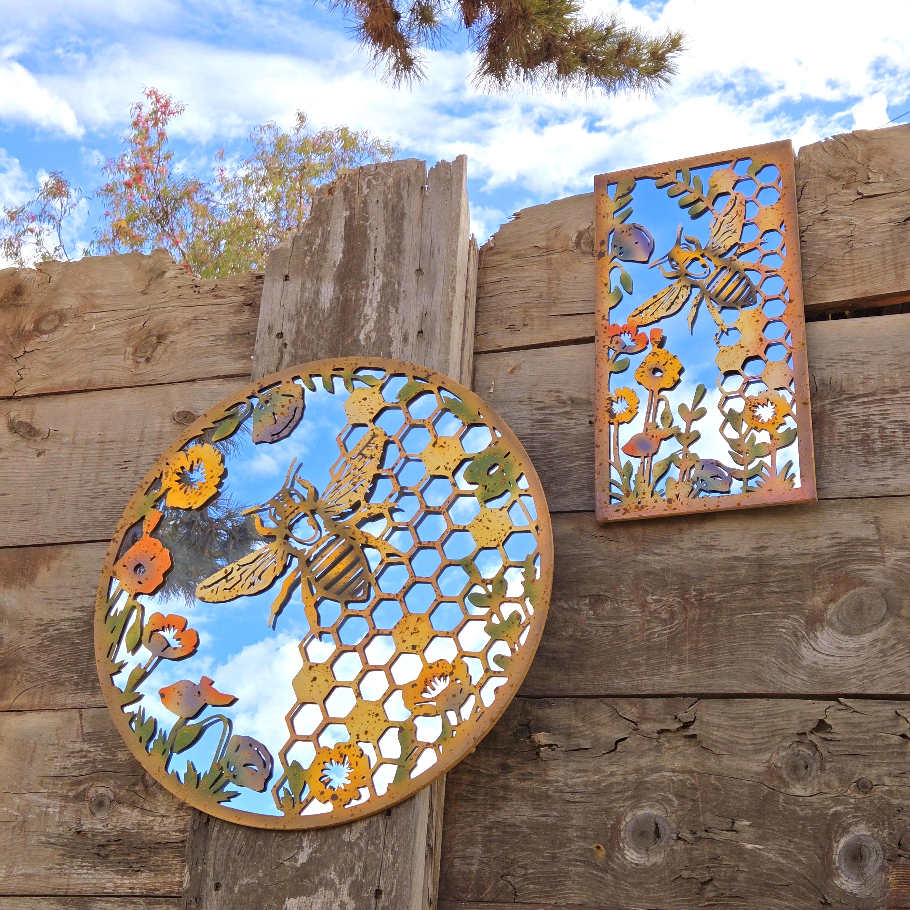 Rustic Metal Bee Garden Mirror Wall Decor: Patina Finish, Handcrafted Iron Art
