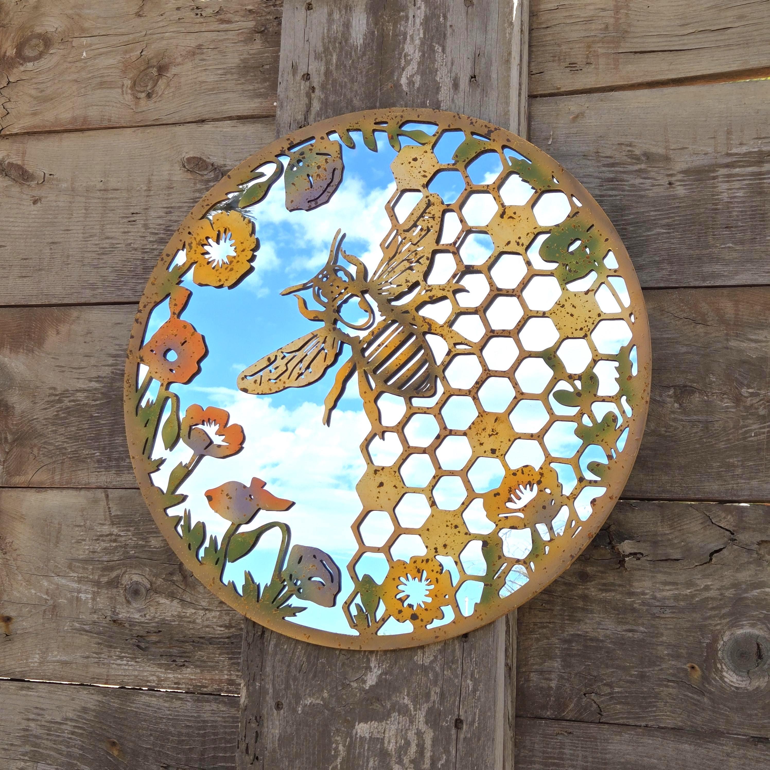 Rustic Metal Bee Garden Mirror Wall Decor: Patina Finish, Handcrafted Iron Art