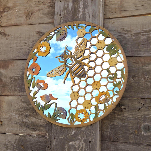 Rustic Metal Bee Garden Mirror Wall Decor: Patina Finish, Handcrafted Iron Art
