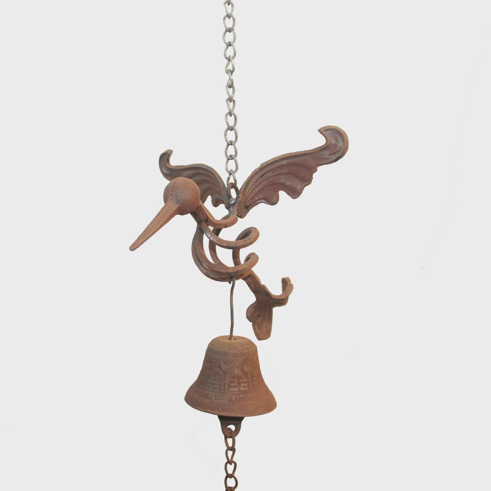 Rustic Cast Iron Hummingbird Wind Chime – Vintage Rust Finish Hanging Bell Garden Ornament