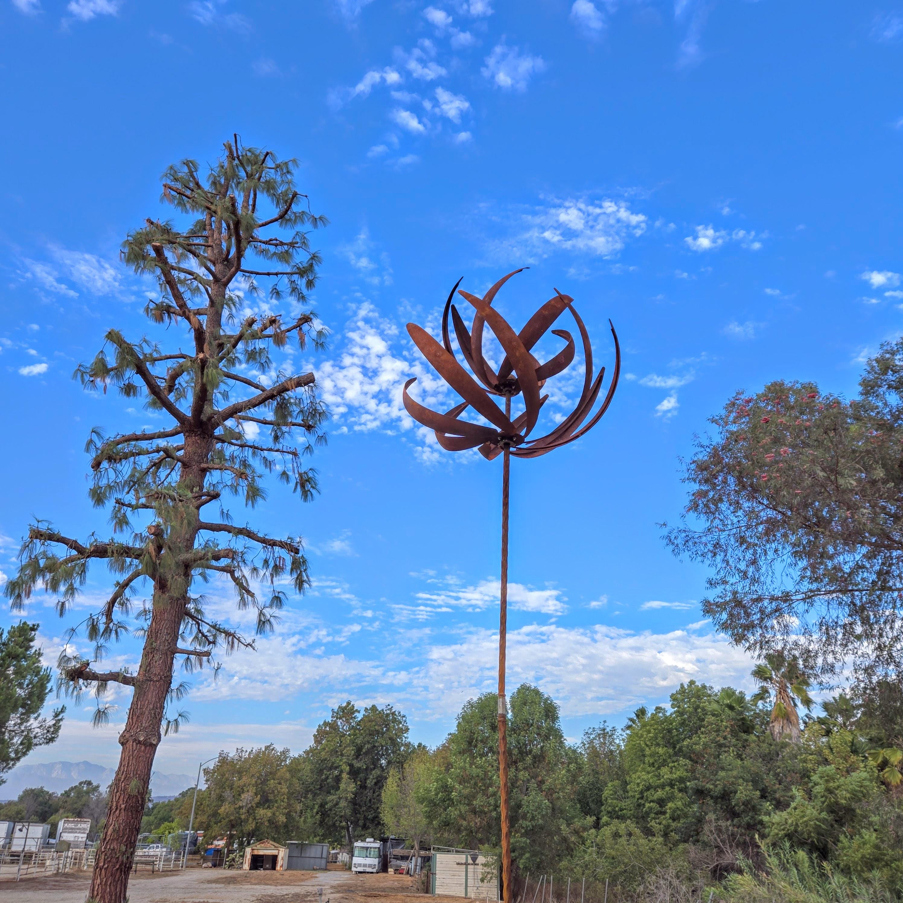 Handmade 87" Rusty Iron Lotus Wind Spinner - Weathered Garden Art