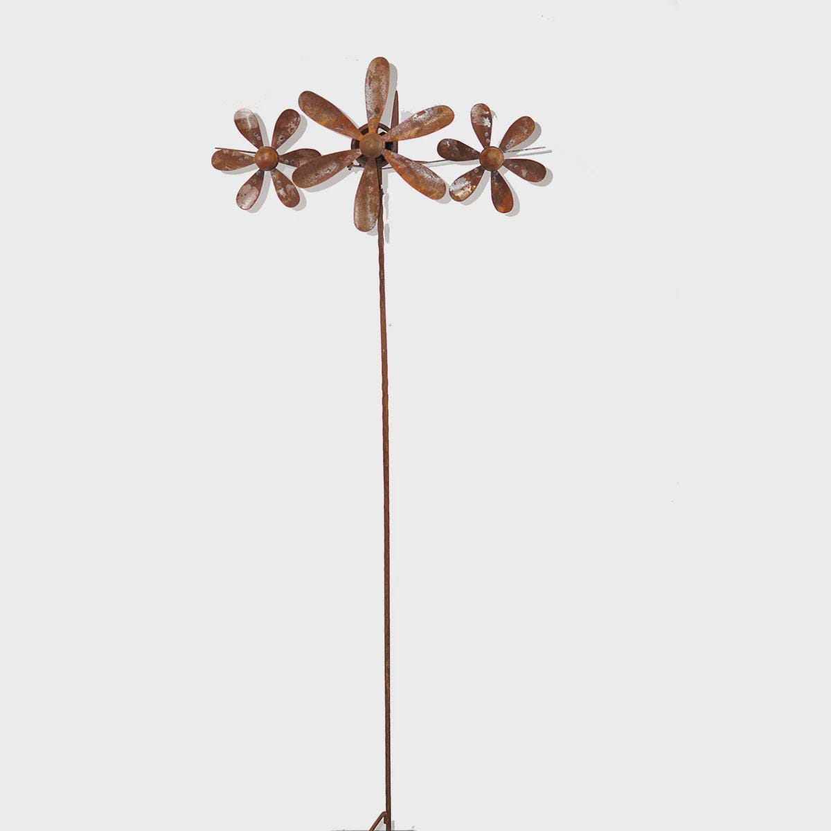 Handmade Rusty Iron Wind Spinner: Vintage Metal Flower Garden Art (67"H)