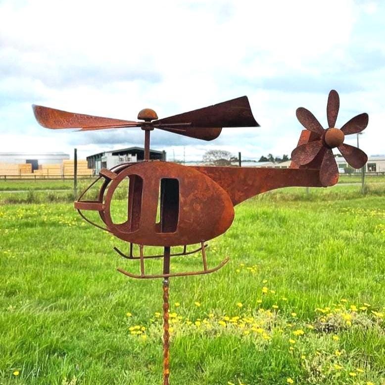 Handmade Rusty Iron Helicopter Wind Spinner: Aviation Garden Art