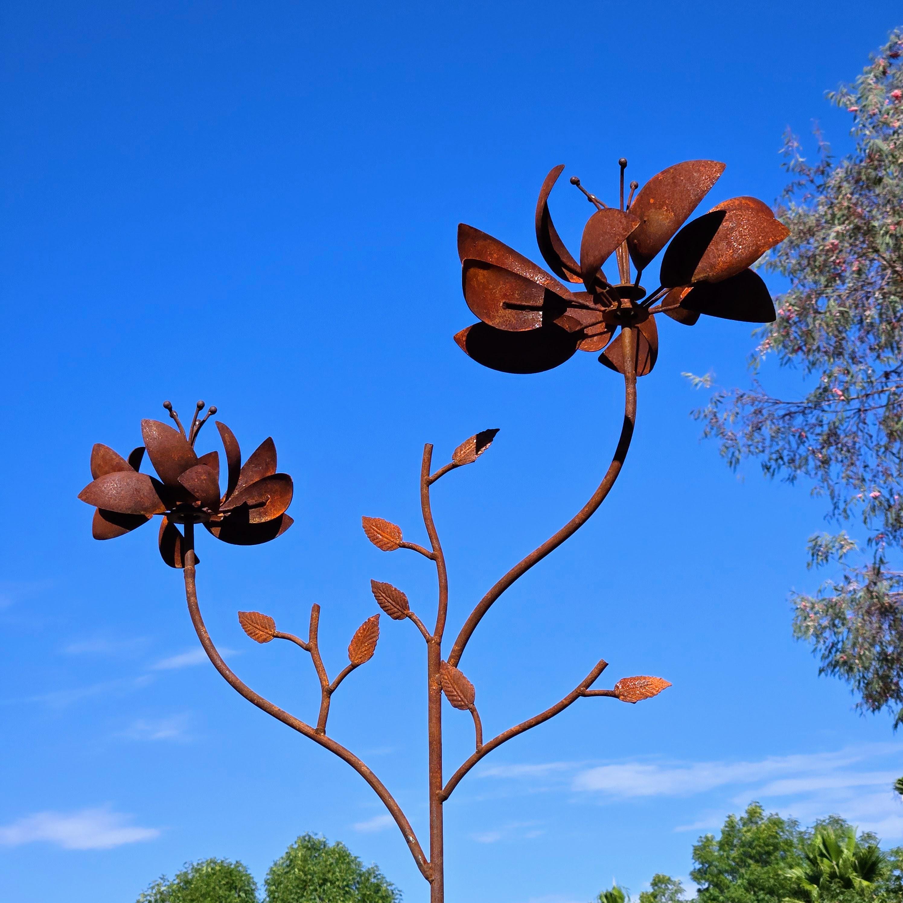 Rusty Metal Flower Garden kinetic wind spinner Stake: Handmade Iron Sculpture, Outdoor Decor