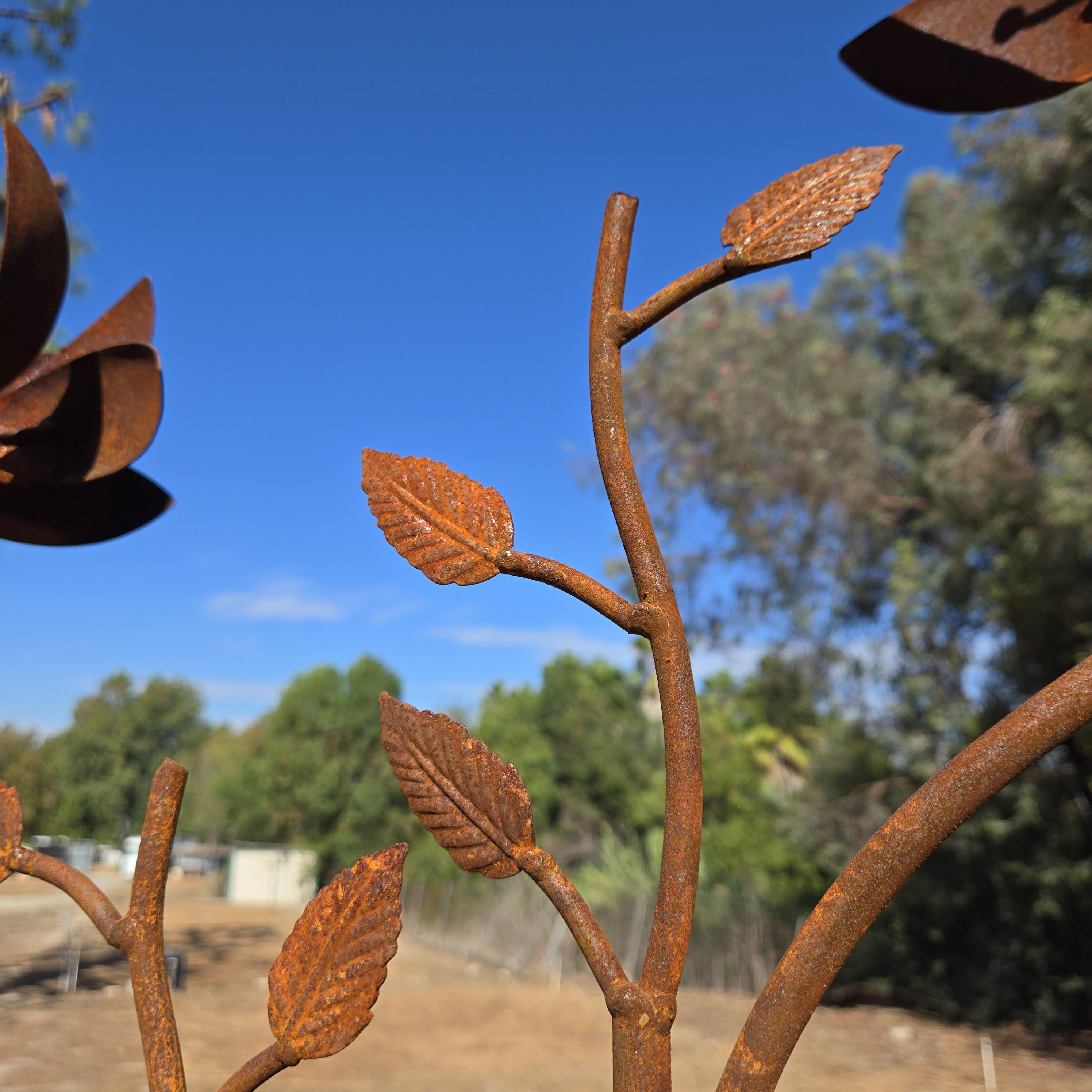 Rusty Metal Flower Garden kinetic wind spinner Stake: Handmade Iron Sculpture, Outdoor Decor