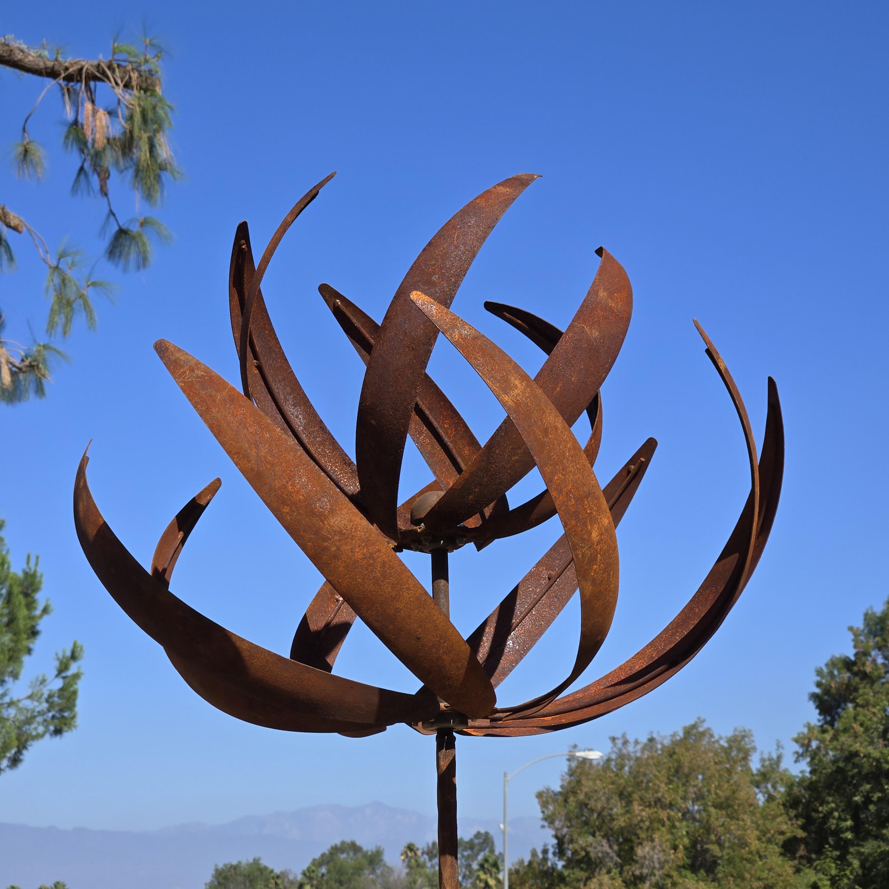 Handmade 87" Rusty Iron Lotus Wind Spinner - Weathered Garden Art