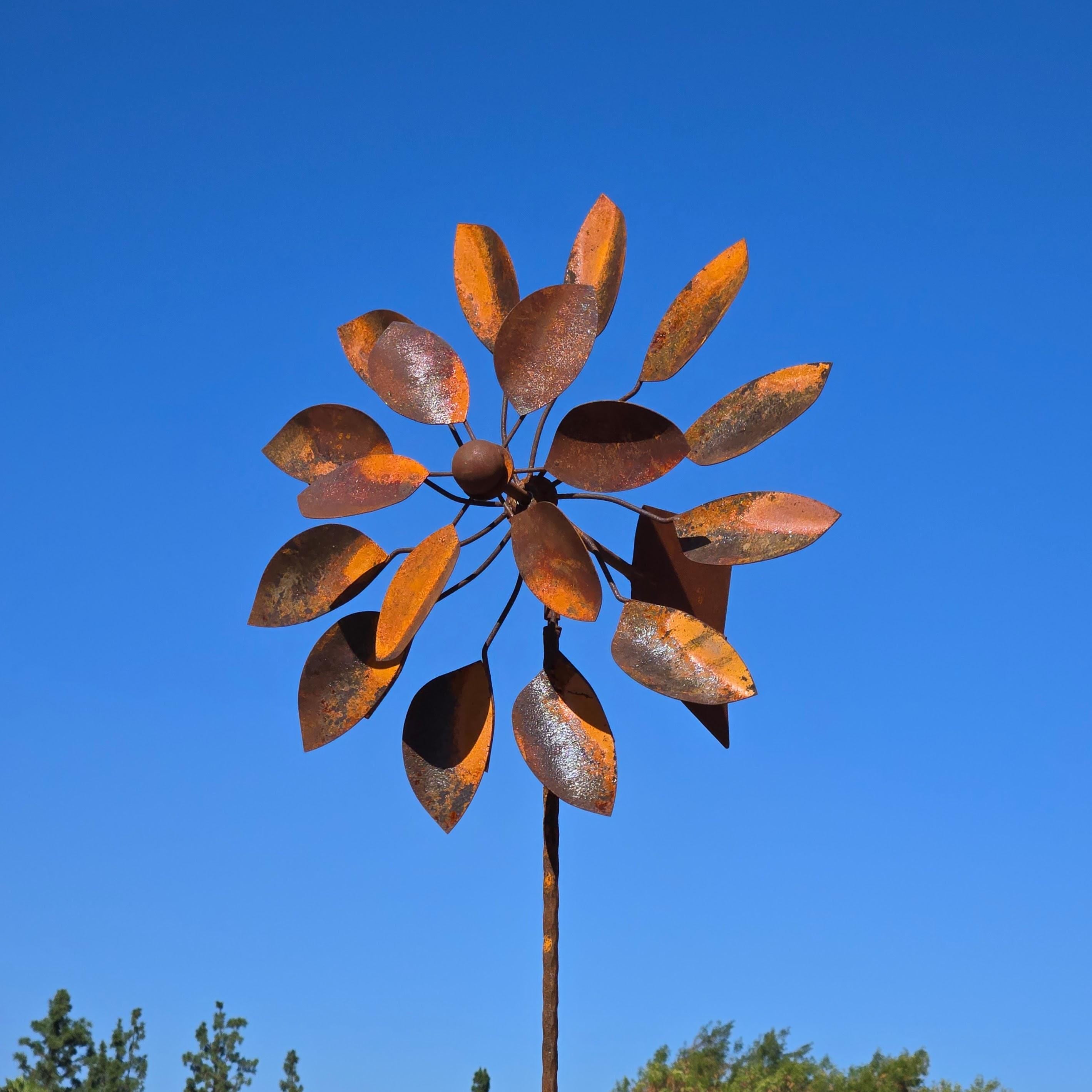 Handmade Rusty Iron Flower Wind Spinner: Farmhouse Garden Decor (82"H)